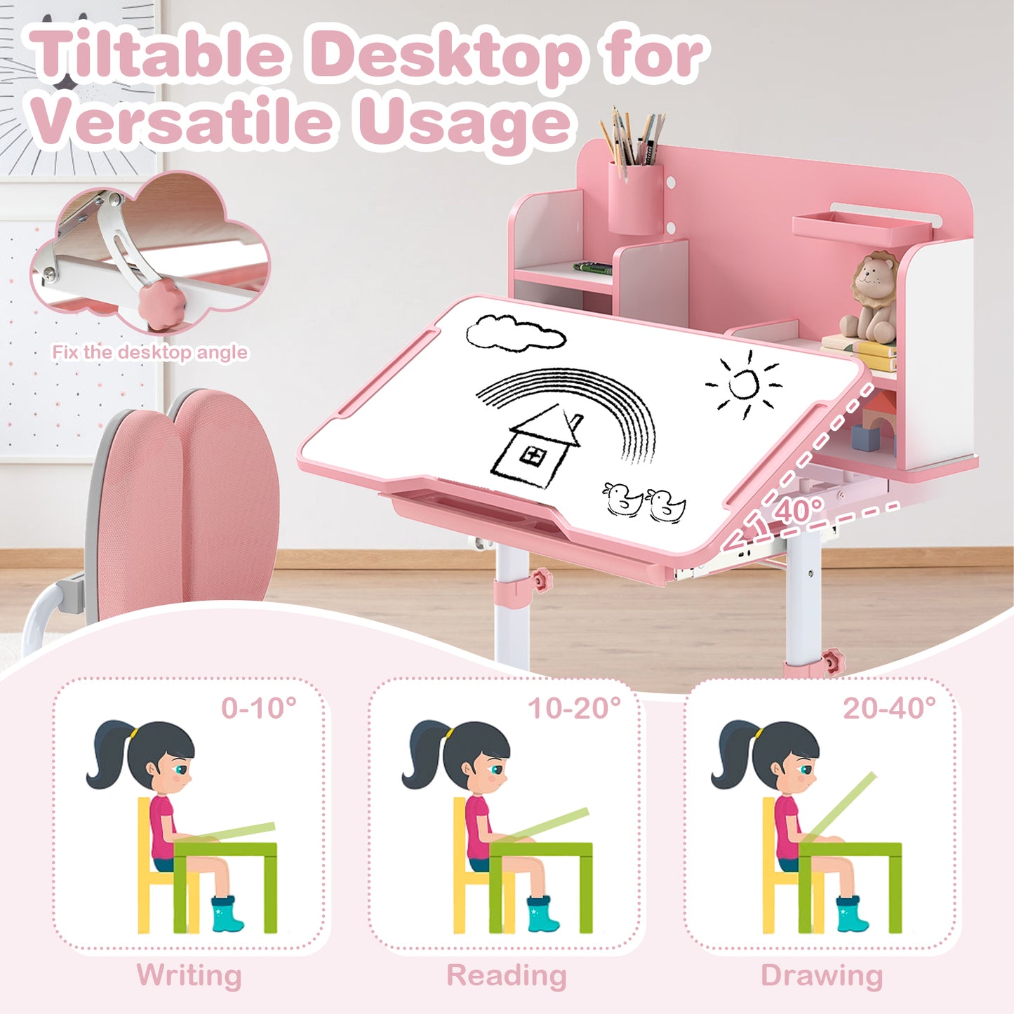 Kid's Study Desk and with Tilt Desktop and Pen Holder-Pink