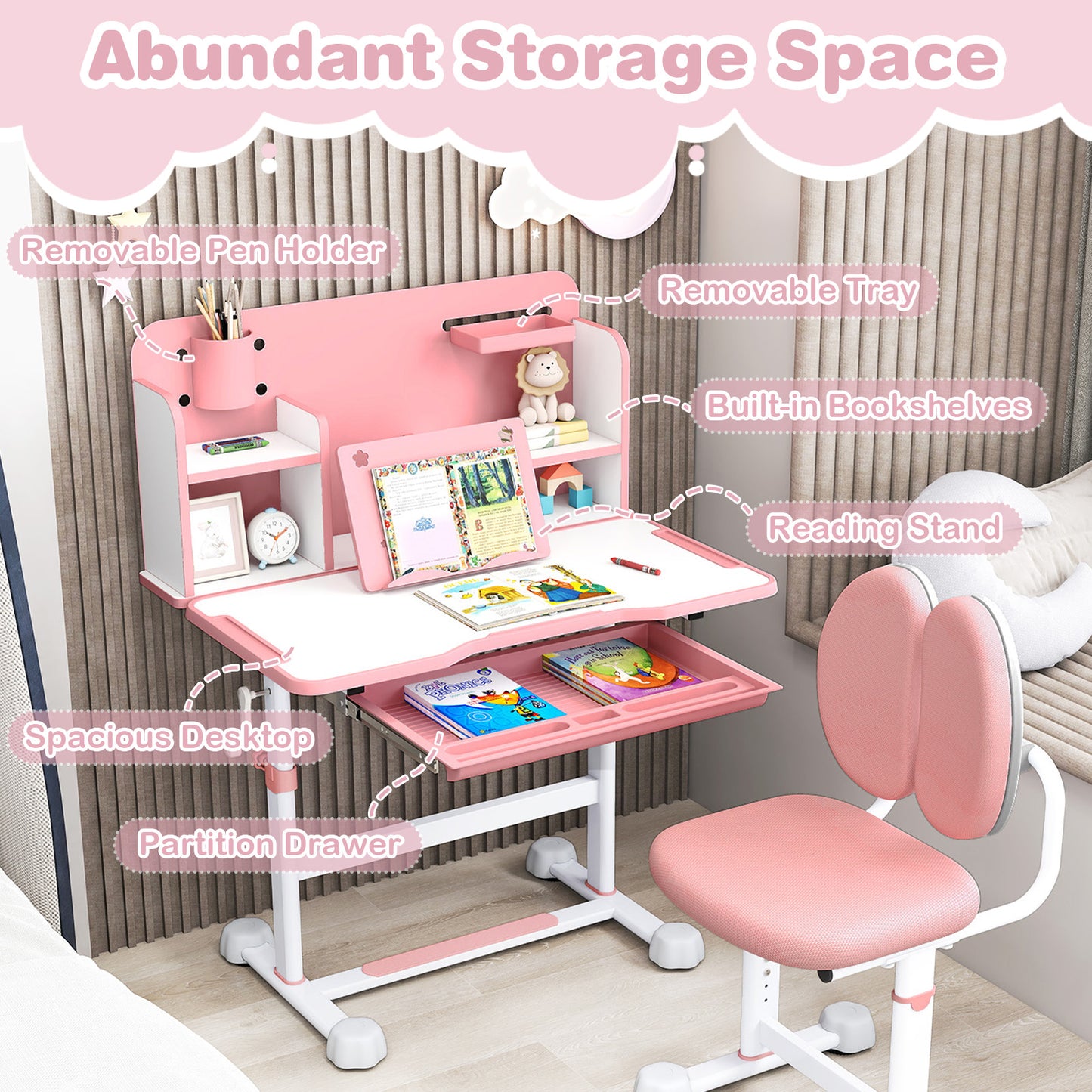 Kid's Study Desk and with Tilt Desktop and Pen Holder-Pink