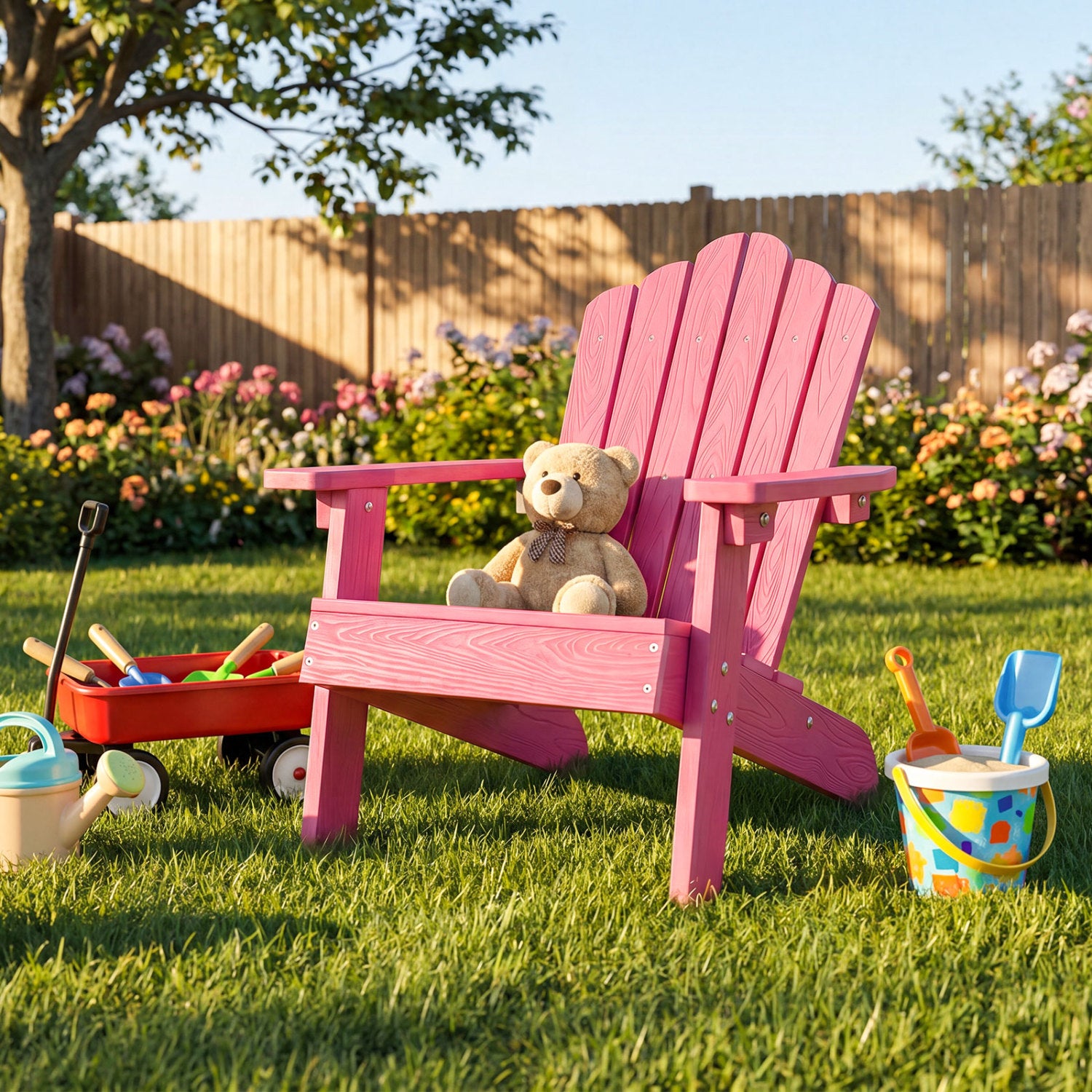 Kids Adirondack Chair All-weather Outdoor Chair for Children with Tilted High Backrest-Pink