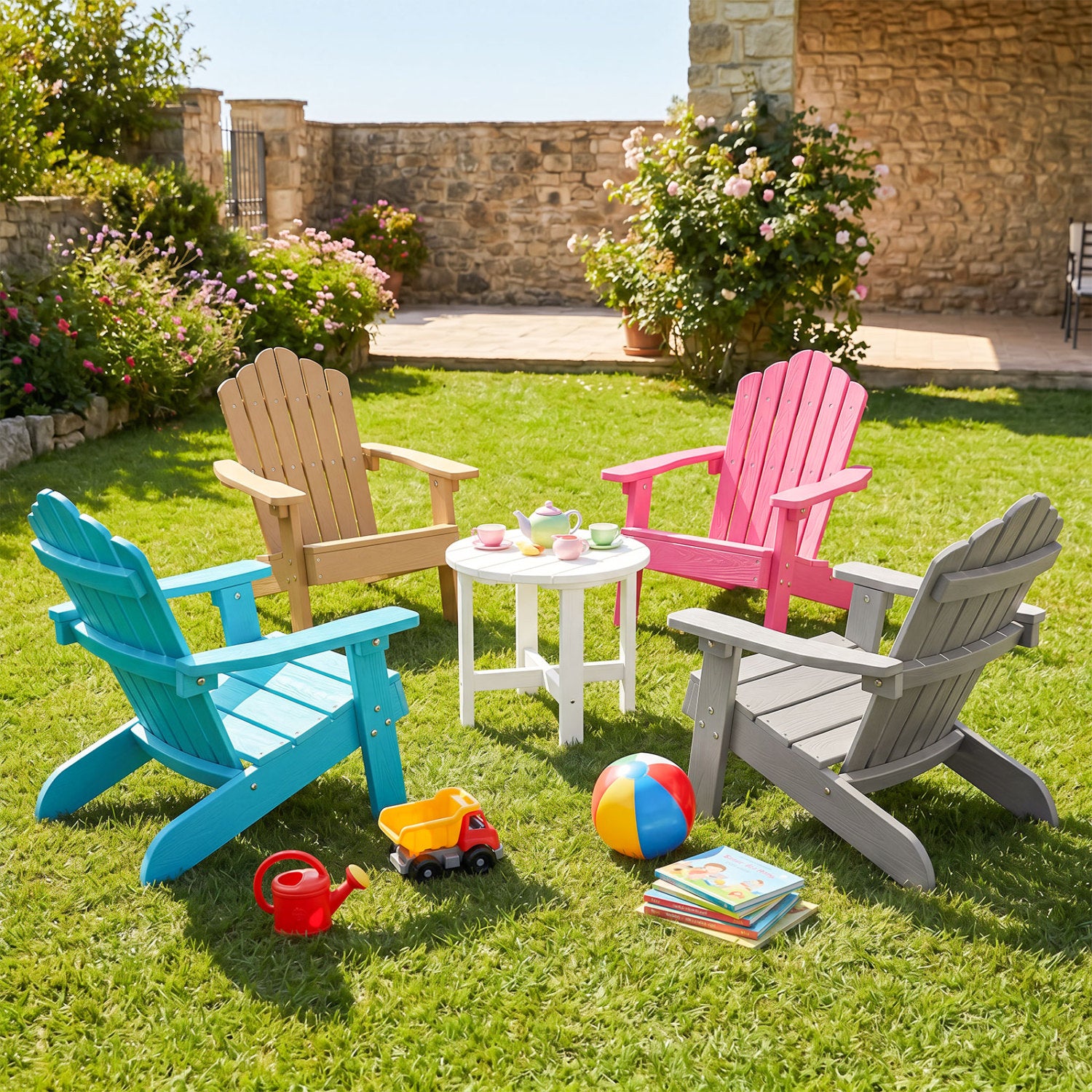 Kids Adirondack Chair All-weather Outdoor Chair for Children with Tilted High Backrest-Pink
