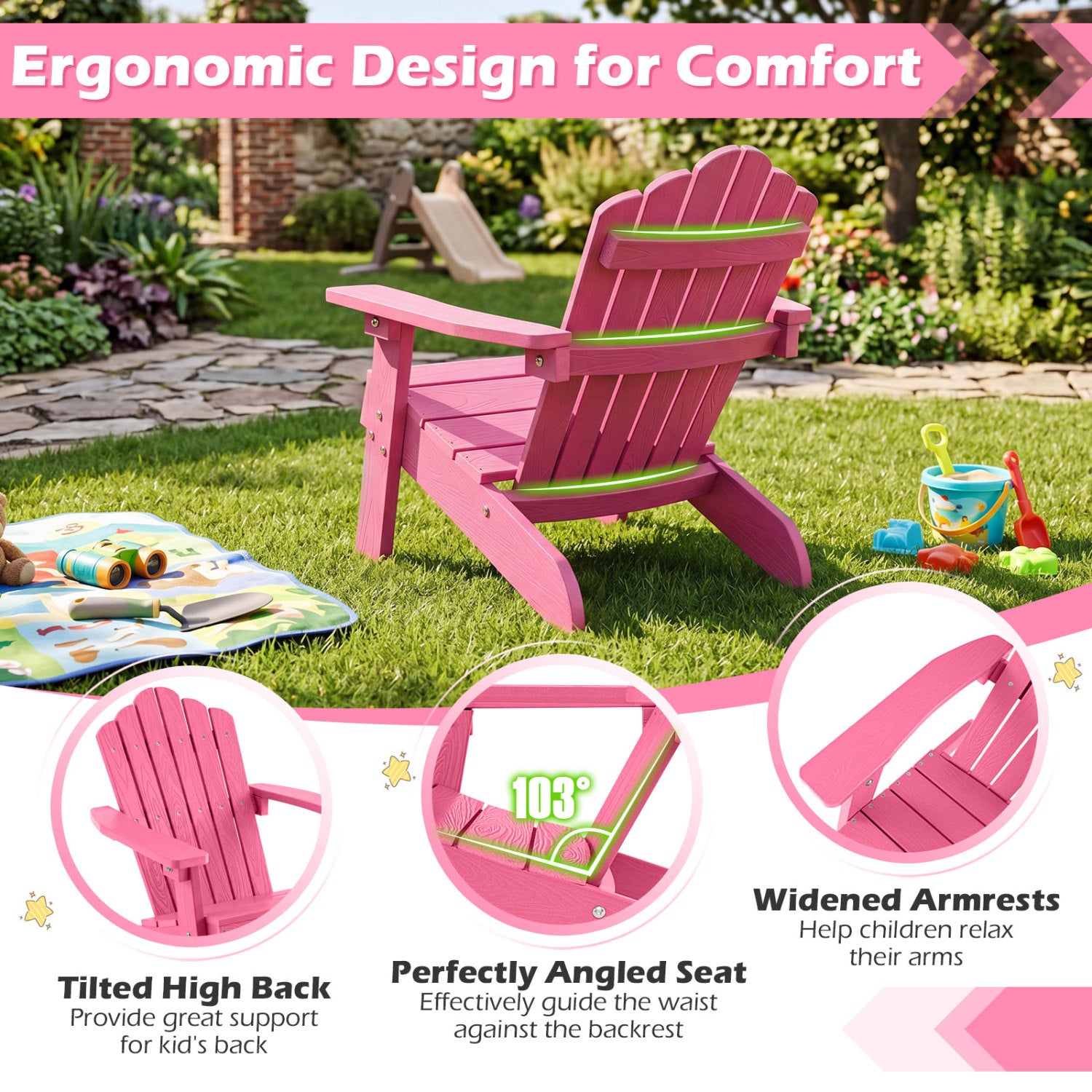 Kids Adirondack Chair All-weather Outdoor Chair for Children with Tilted High Backrest-Pink