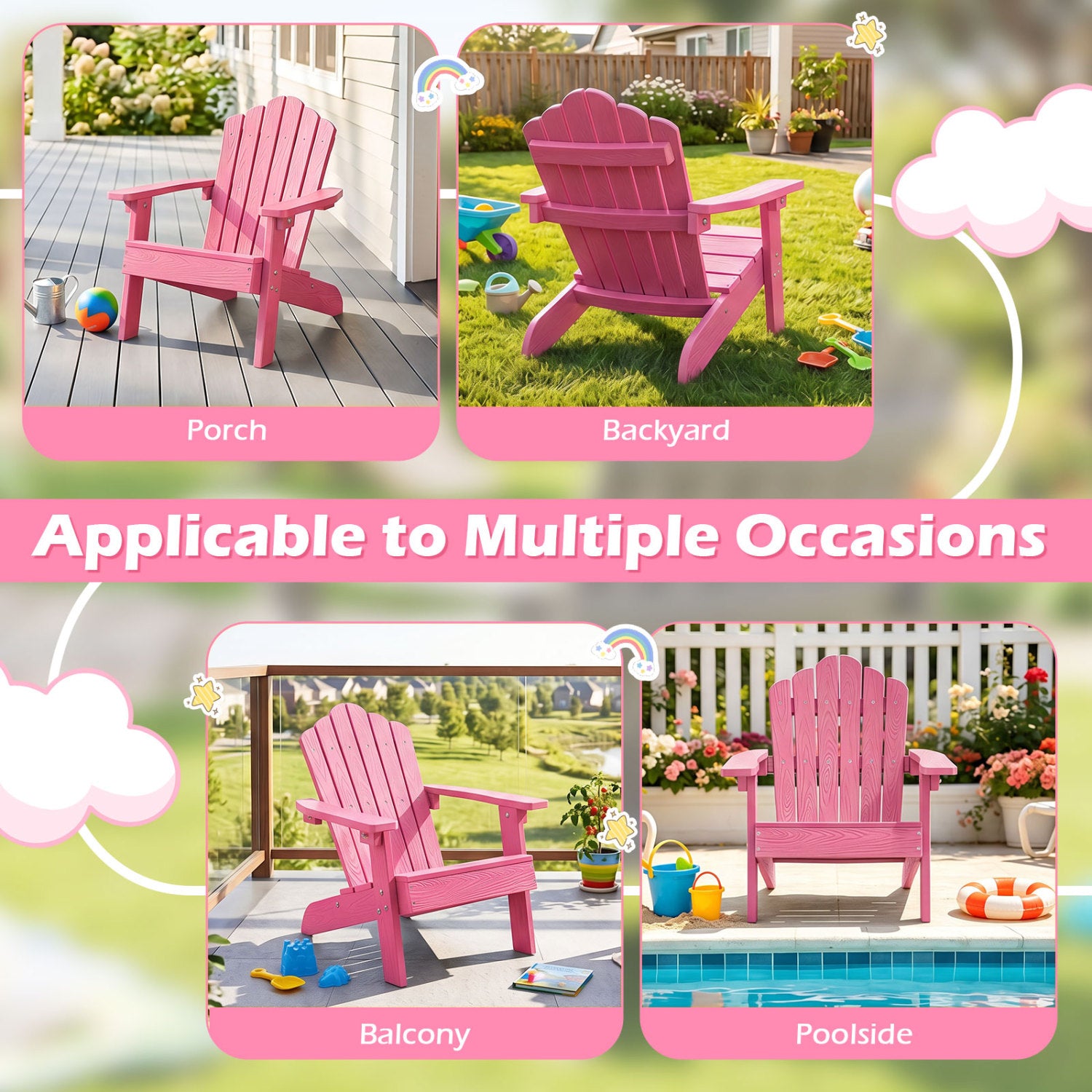Kids Adirondack Chair All-weather Outdoor Chair for Children with Tilted High Backrest-Pink