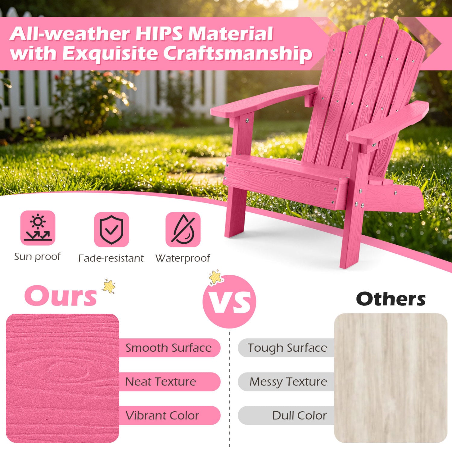 Kids Adirondack Chair All-weather Outdoor Chair for Children with Tilted High Backrest-Pink
