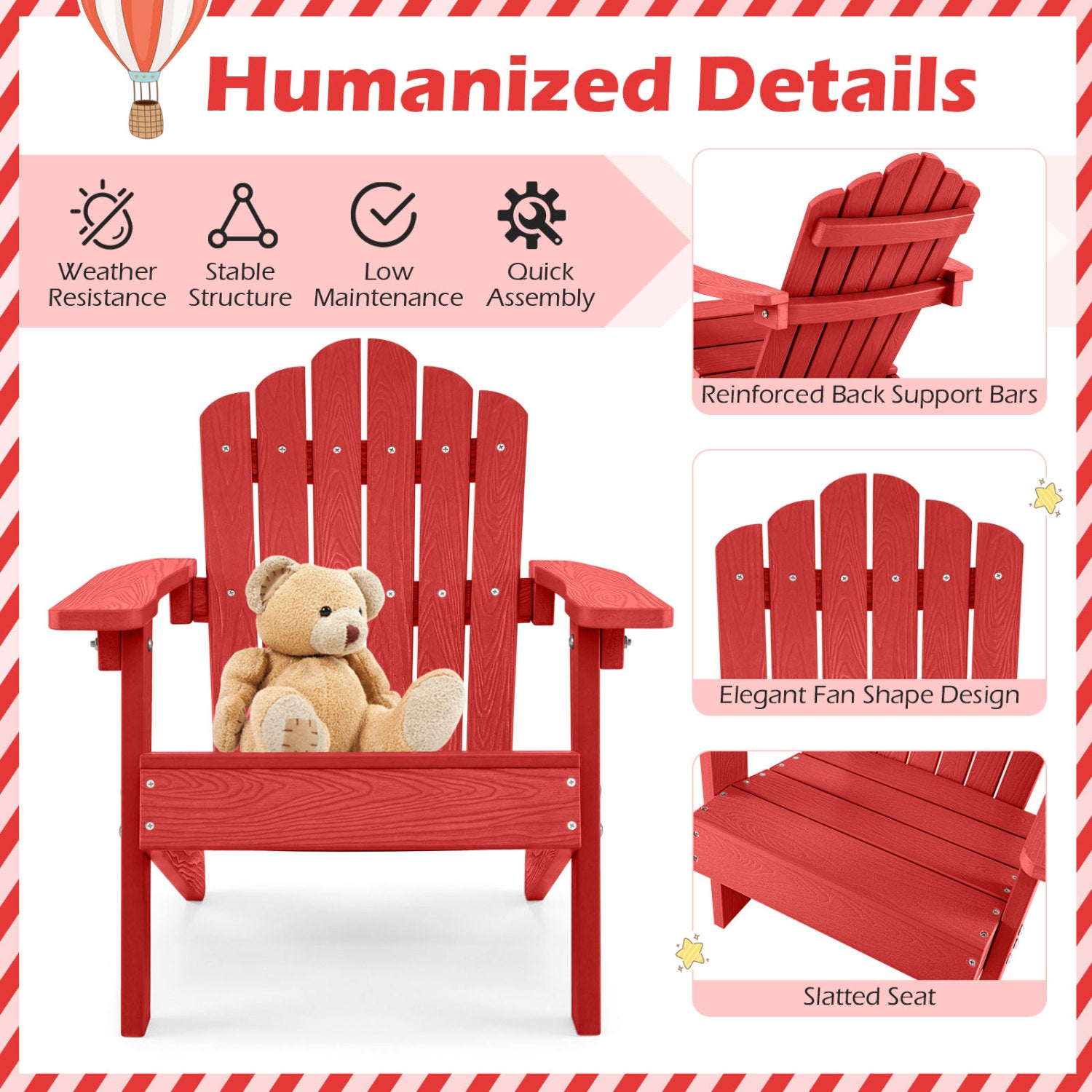 Kids Adirondack Chair All-weather Outdoor Chair for Children with Tilted High Backrest-Red