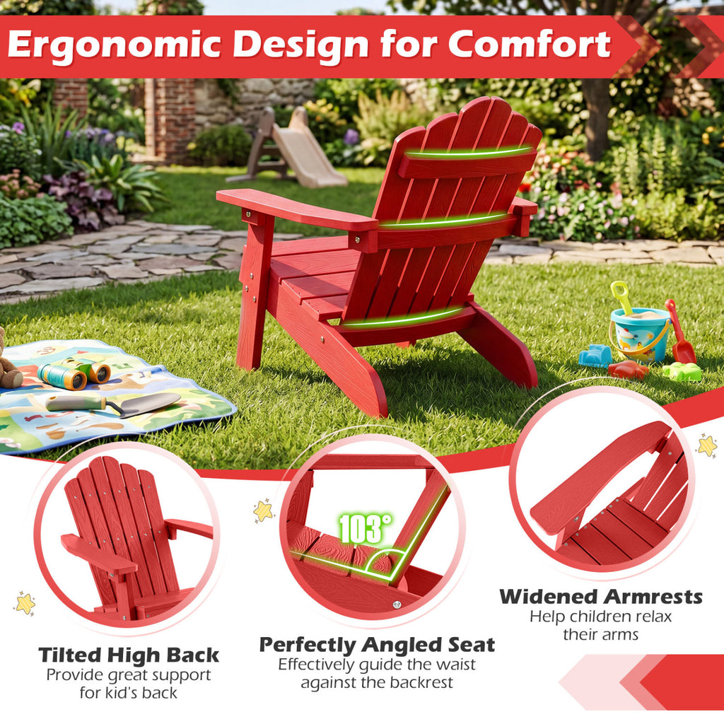Kids Adirondack Chair All-weather Outdoor Chair for Children with Tilted High Backrest-Red