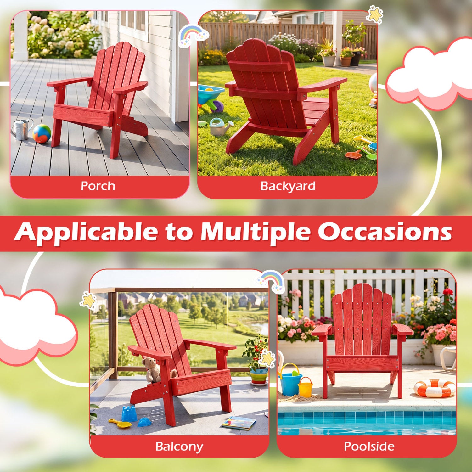 Kids Adirondack Chair All-weather Outdoor Chair for Children with Tilted High Backrest-Red