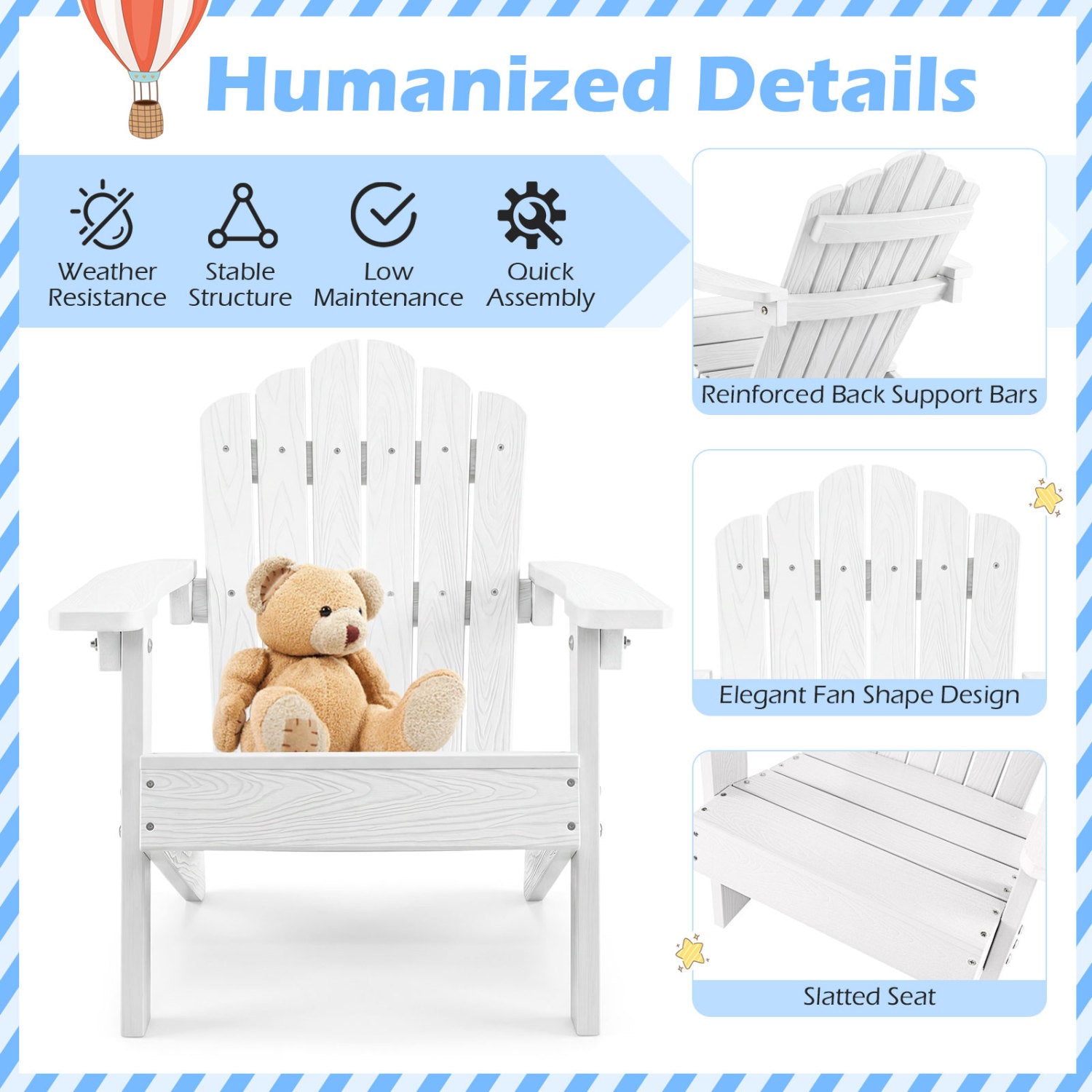 Kids Adirondack Chair All-weather Outdoor Chair for Children with Tilted High Backrest-White