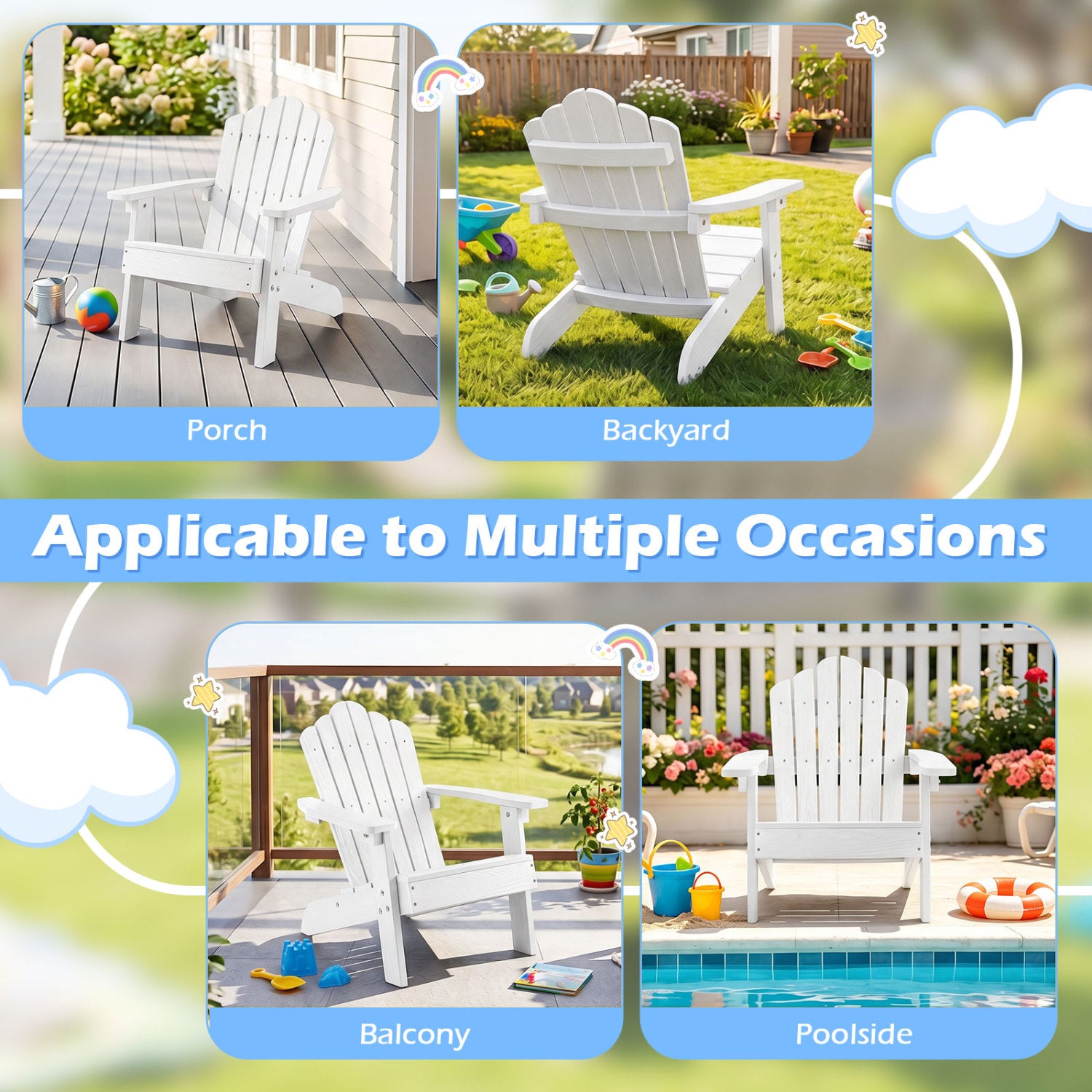 Kids Adirondack Chair All-weather Outdoor Chair for Children with Tilted High Backrest-White