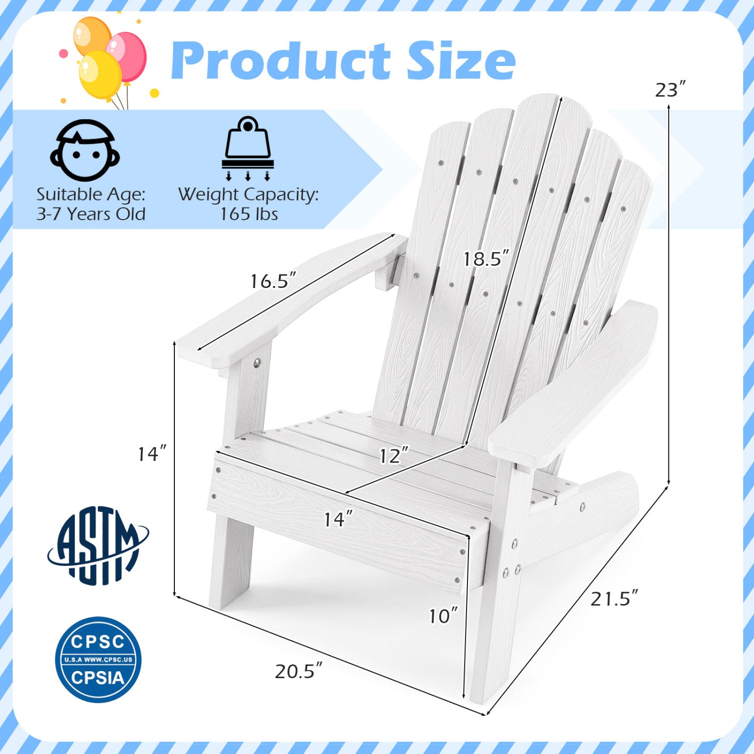 Kids Adirondack Chair All-weather Outdoor Chair for Children with Tilted High Backrest-White