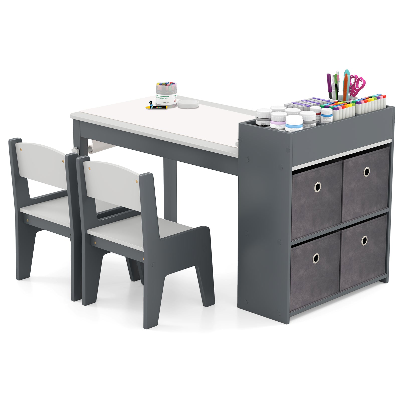 Kids Art Table and Chairs Set with 2 Chairs and Paper Roll-Gray