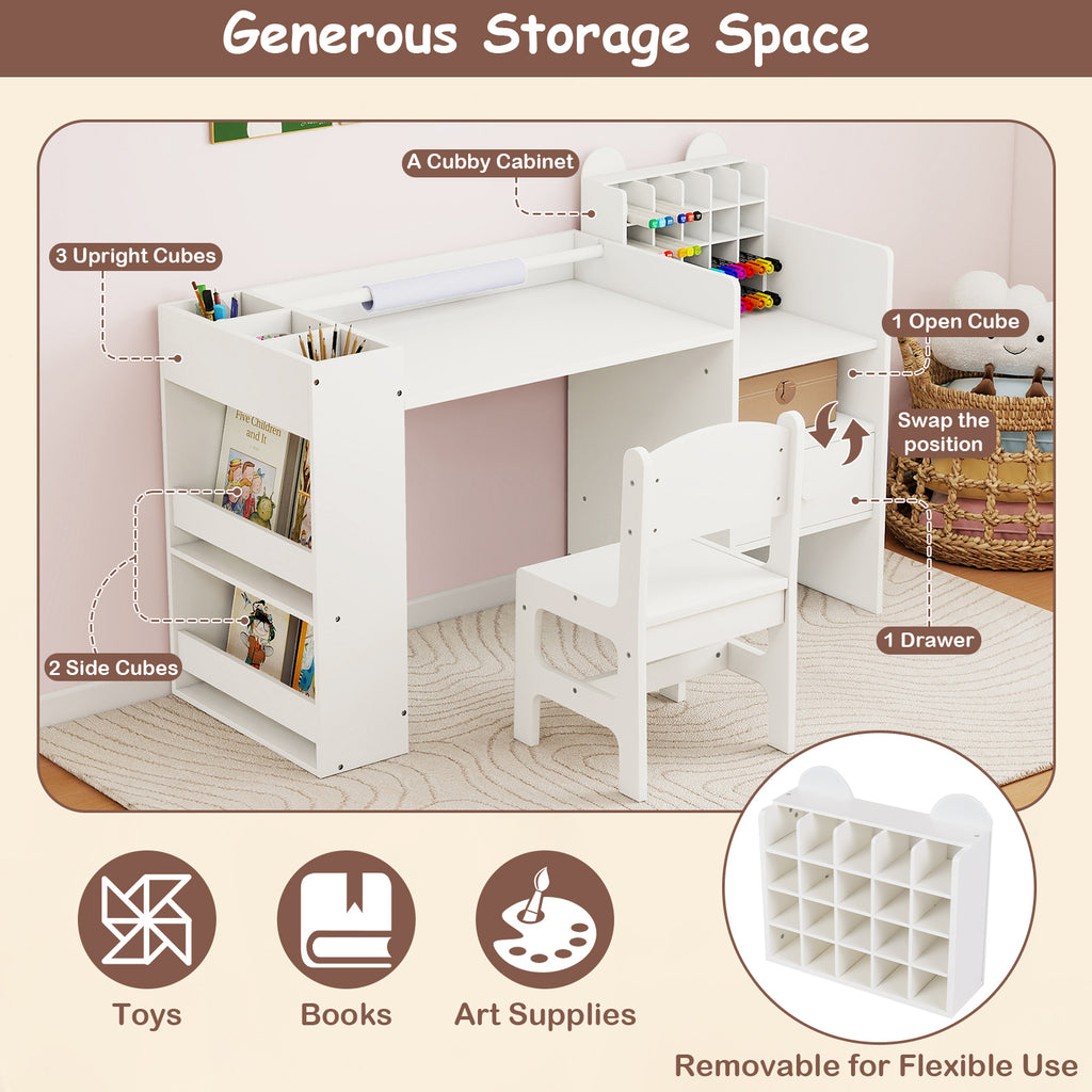 Kids Art Table and Chair Set with Detachable Paper Roll Holder and Cabinet-White