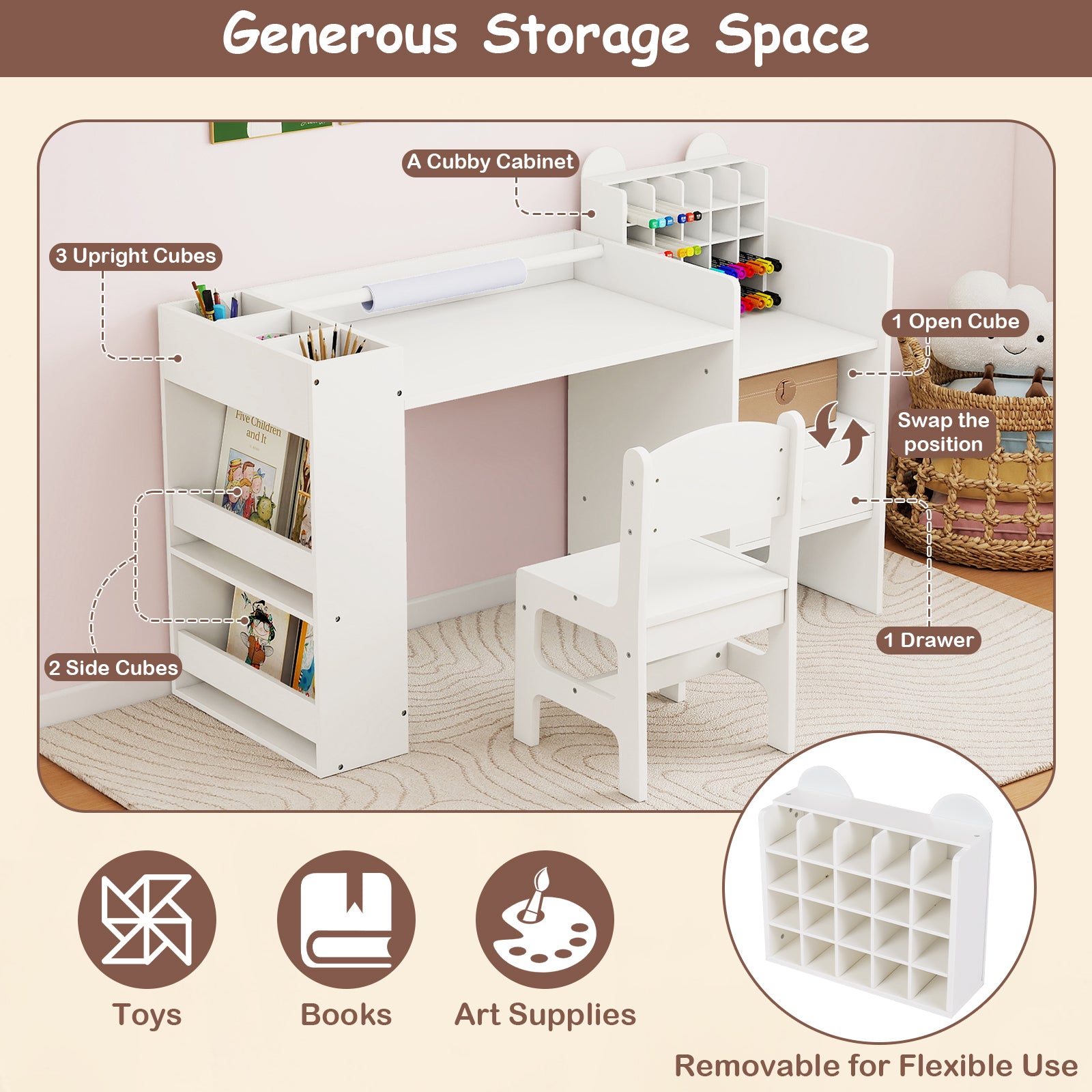 Kids Art Table and Chair Set with Detachable Paper Roll Holder and Cabinet-White