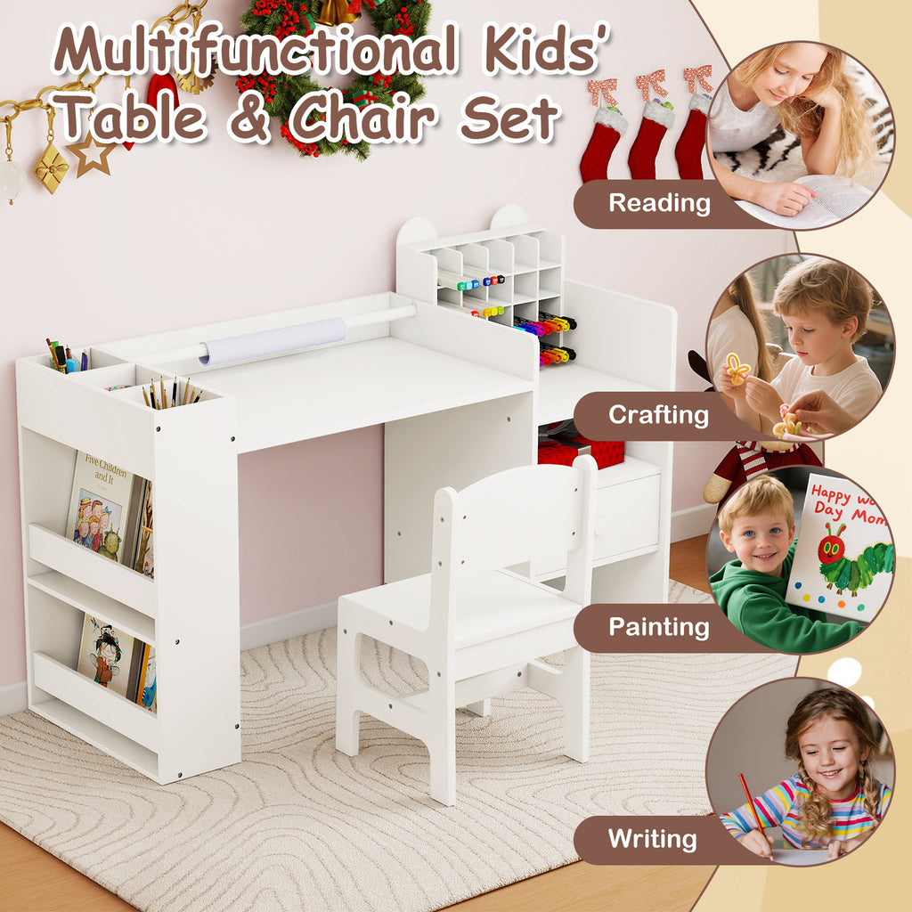 Kids Art Table and Chair Set with Detachable Paper Roll Holder and Cabinet-White