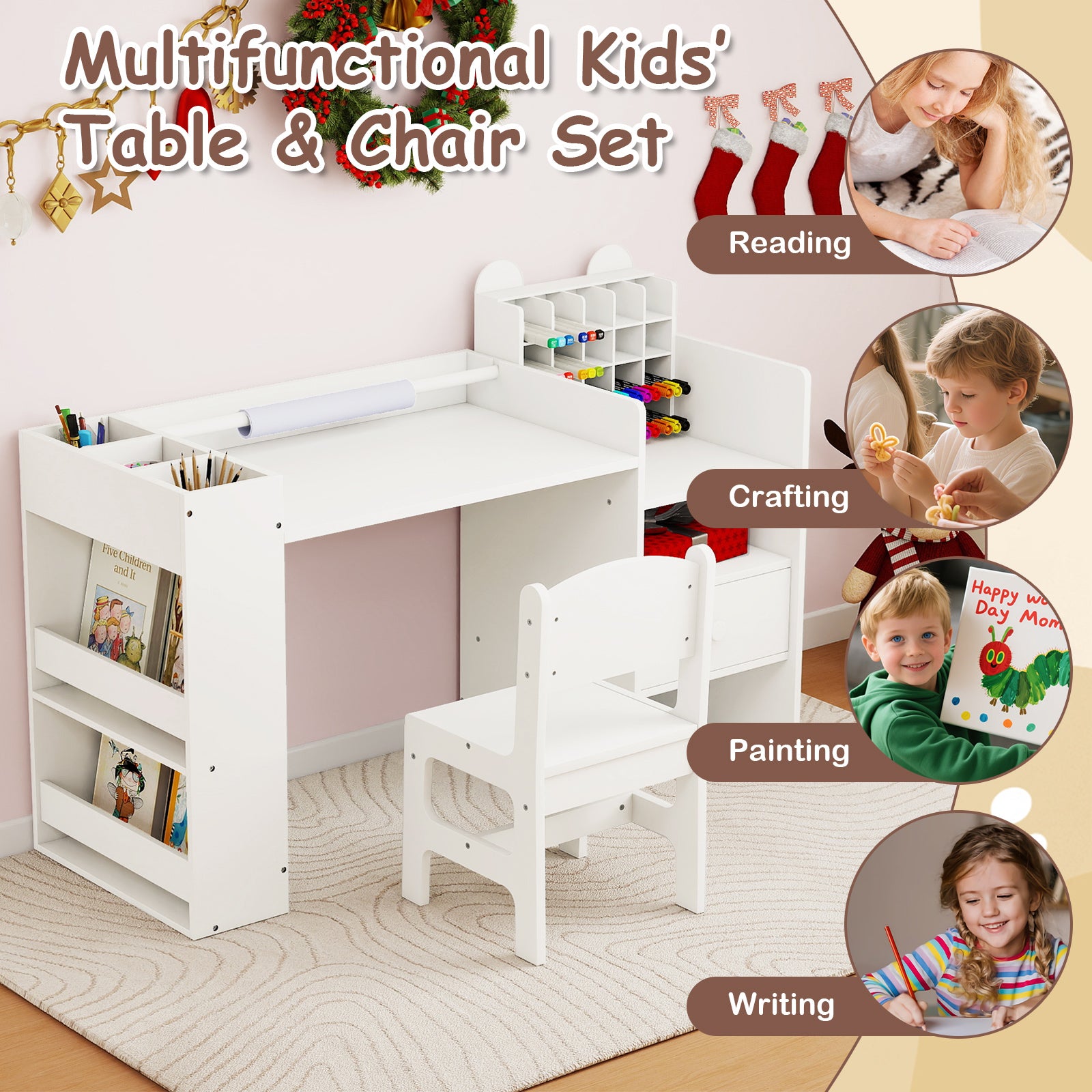 Kids Art Table and Chair Set with Detachable Paper Roll Holder and Cabinet-White
