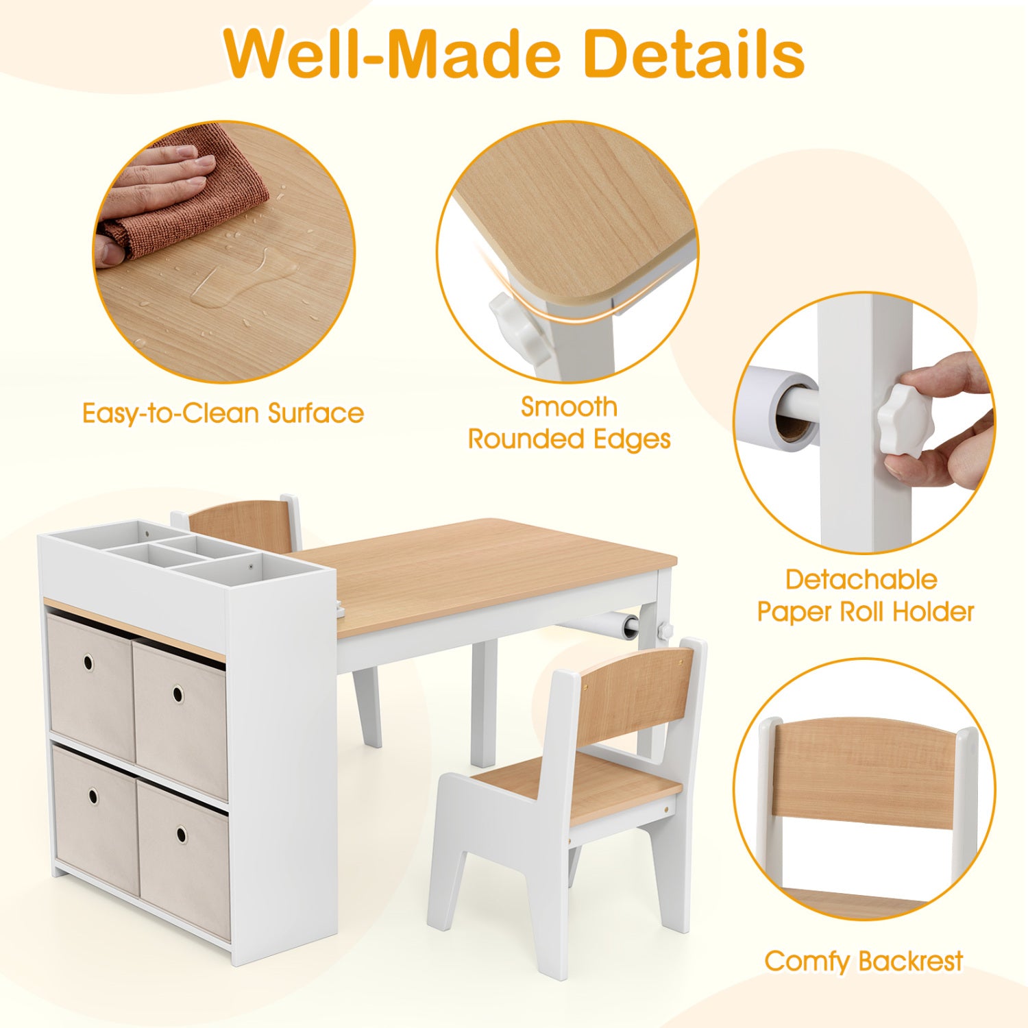 Kids Art Table and Chairs Set with 2 Chairs and Paper Roll-Natural