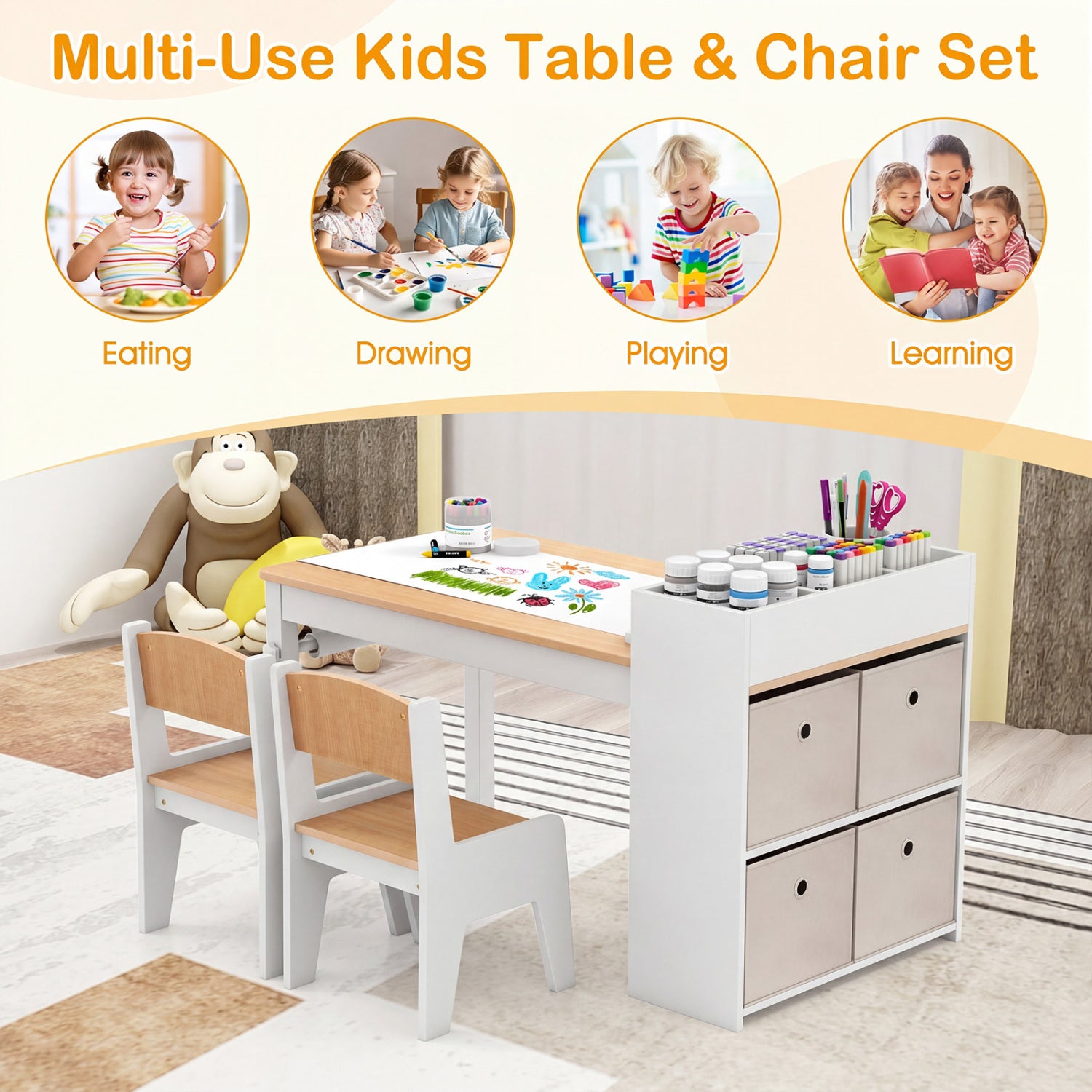 Kids Art Table and Chairs Set with 2 Chairs and Paper Roll-Natural