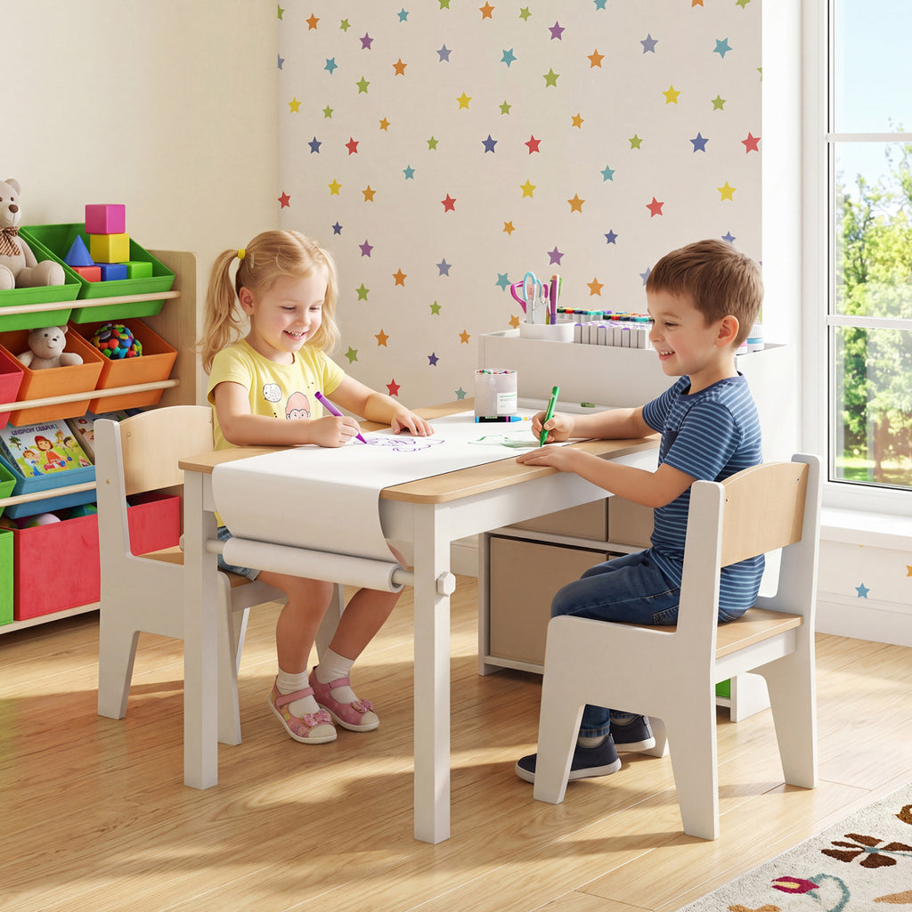 Kids Art Table and Chairs Set with 2 Chairs and Paper Roll-Natural