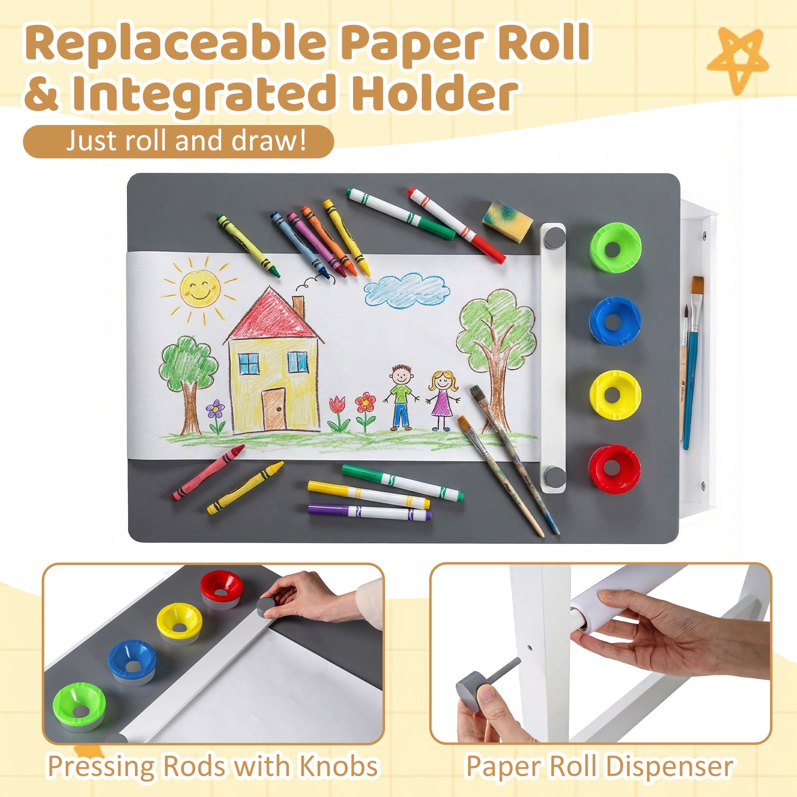 Kids Art Table and Stool Set Toddler Activity Desk with Paper Roll and 4 Paint Cups for Drawing Learning-Gray