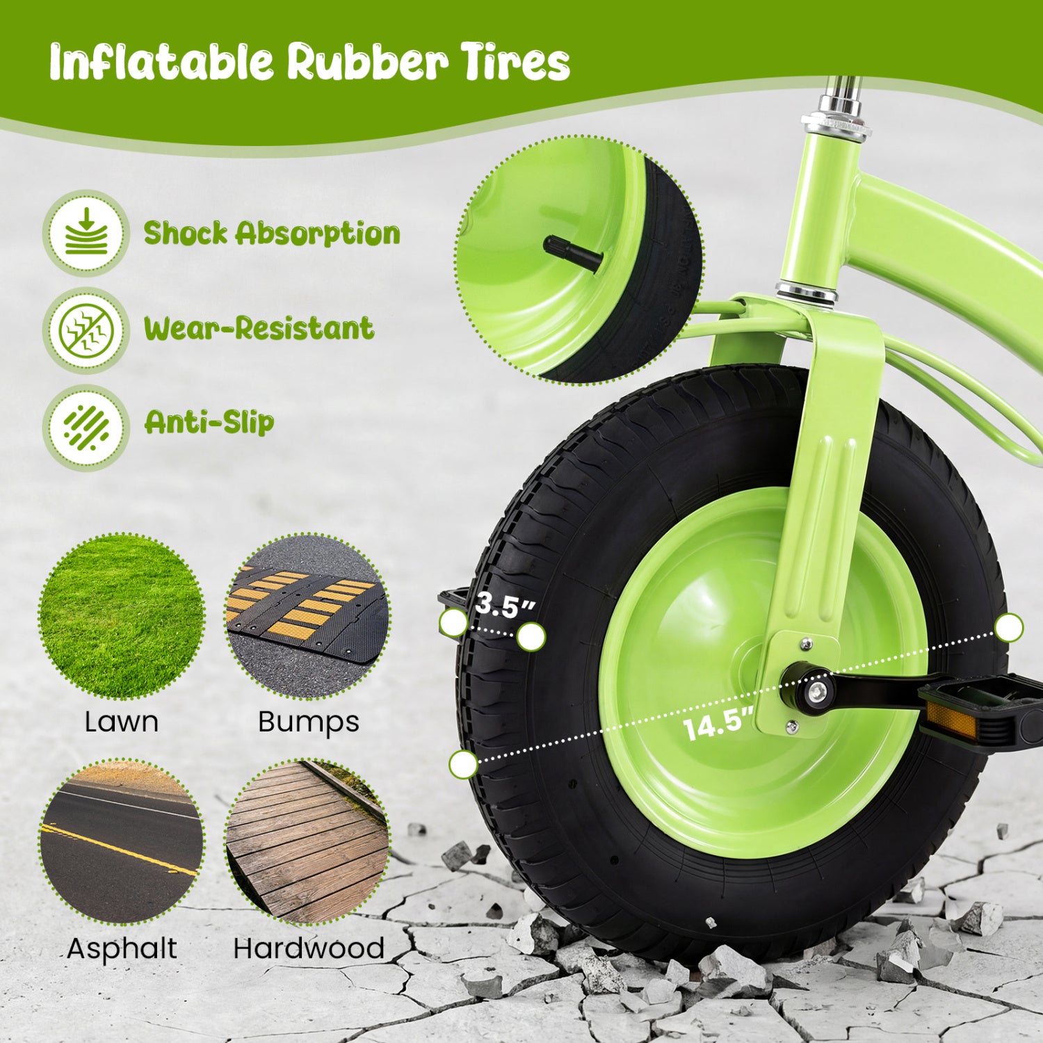 Kids Carbon Steel Bike with 15 Inch Inflatable Rubber Tires-Green