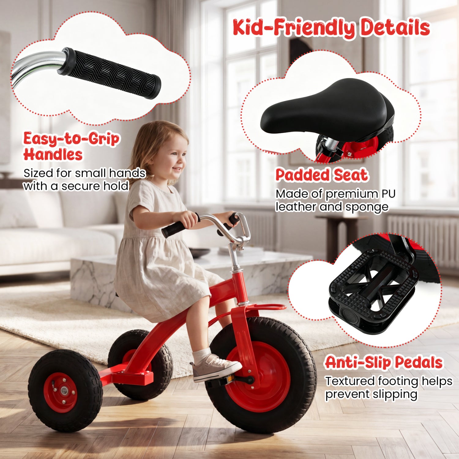 Kids Carbon Steel Bike with 15 Inch Inflatable Rubber Tires-Red