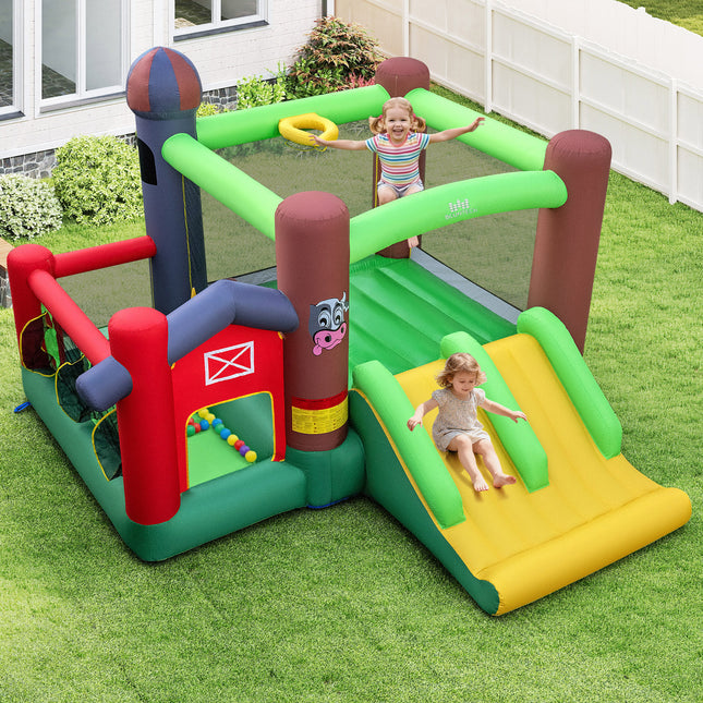 Kids Castle Slide Bouncer 6-in-1 Inflatable Castle with Trampoline and 680W Blower