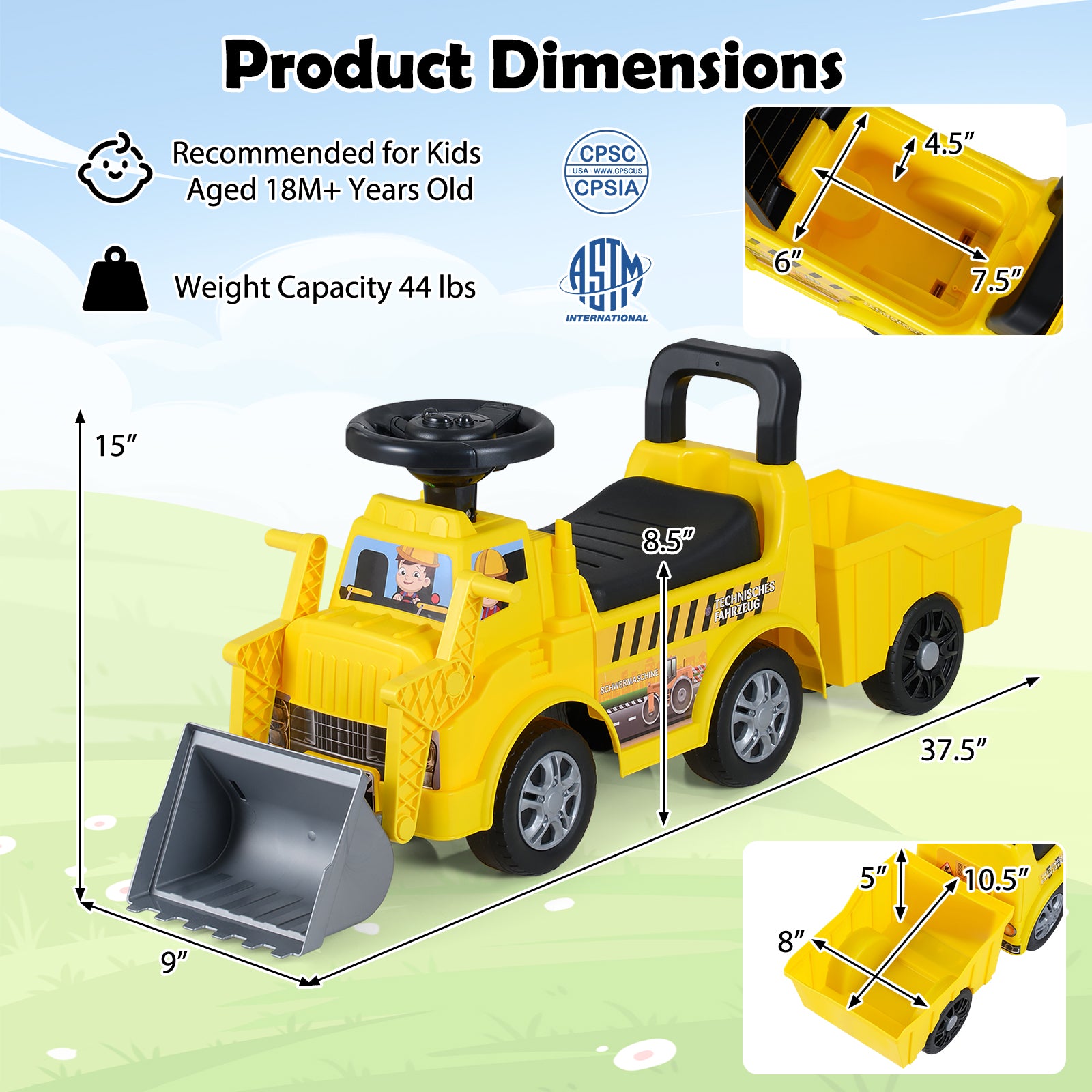 Kids Digger Ride on Truck with Shovel and Under-Seat Compartment