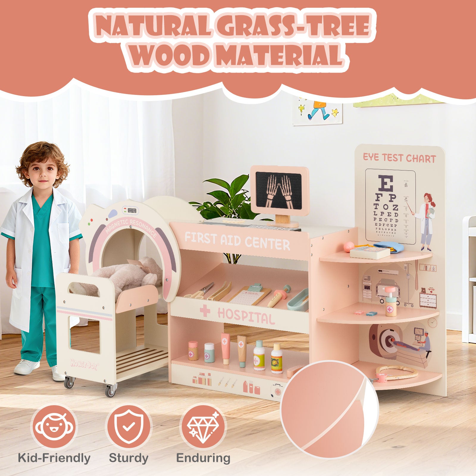 Kids Doctor Play Set Wooden Pretend Hospital Office Kit with Eye Chart Toy CT Machine-Pink