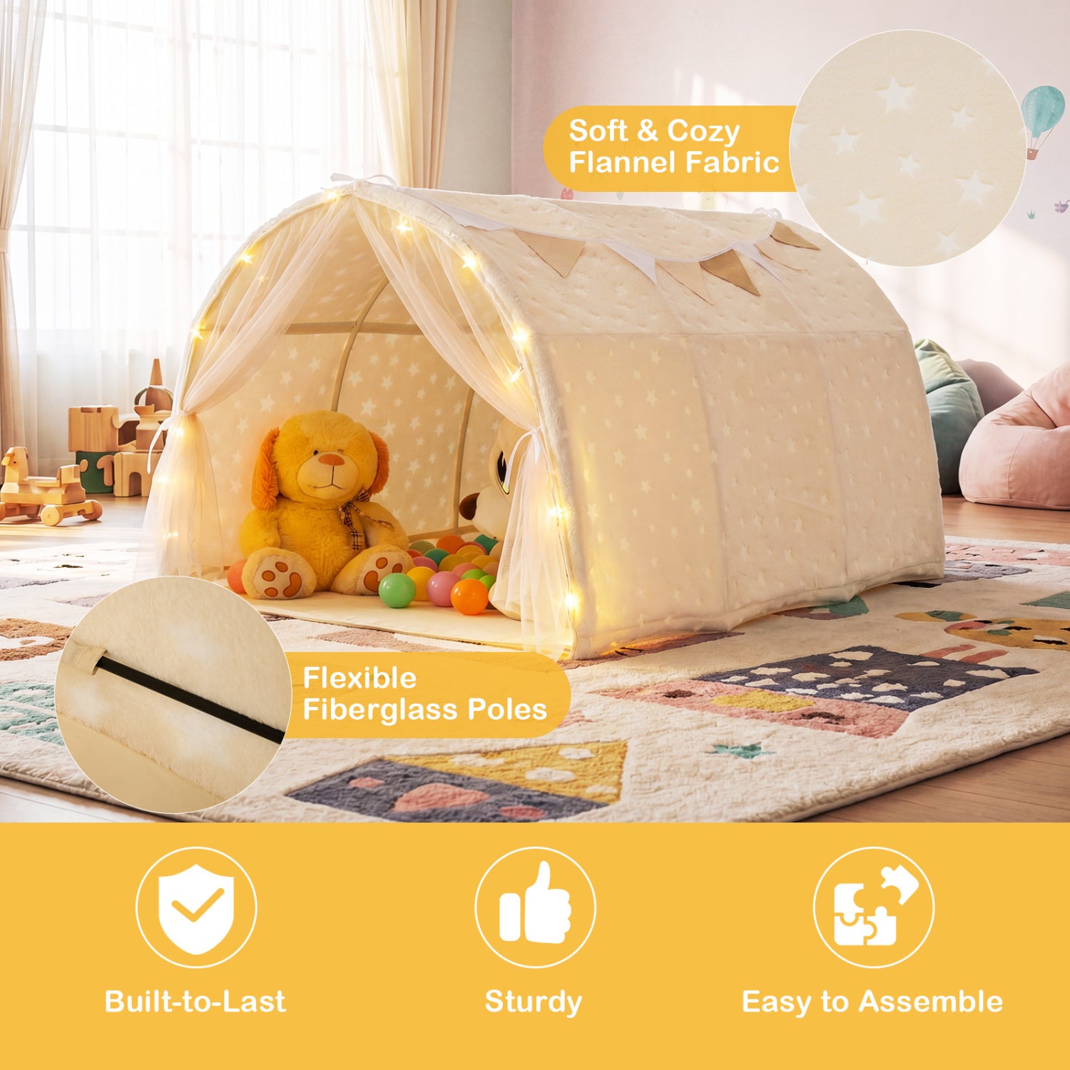 Kids Dream Bed Tent Twin Bunk Bed with Glow in the Dark Stars and Lights-Beige