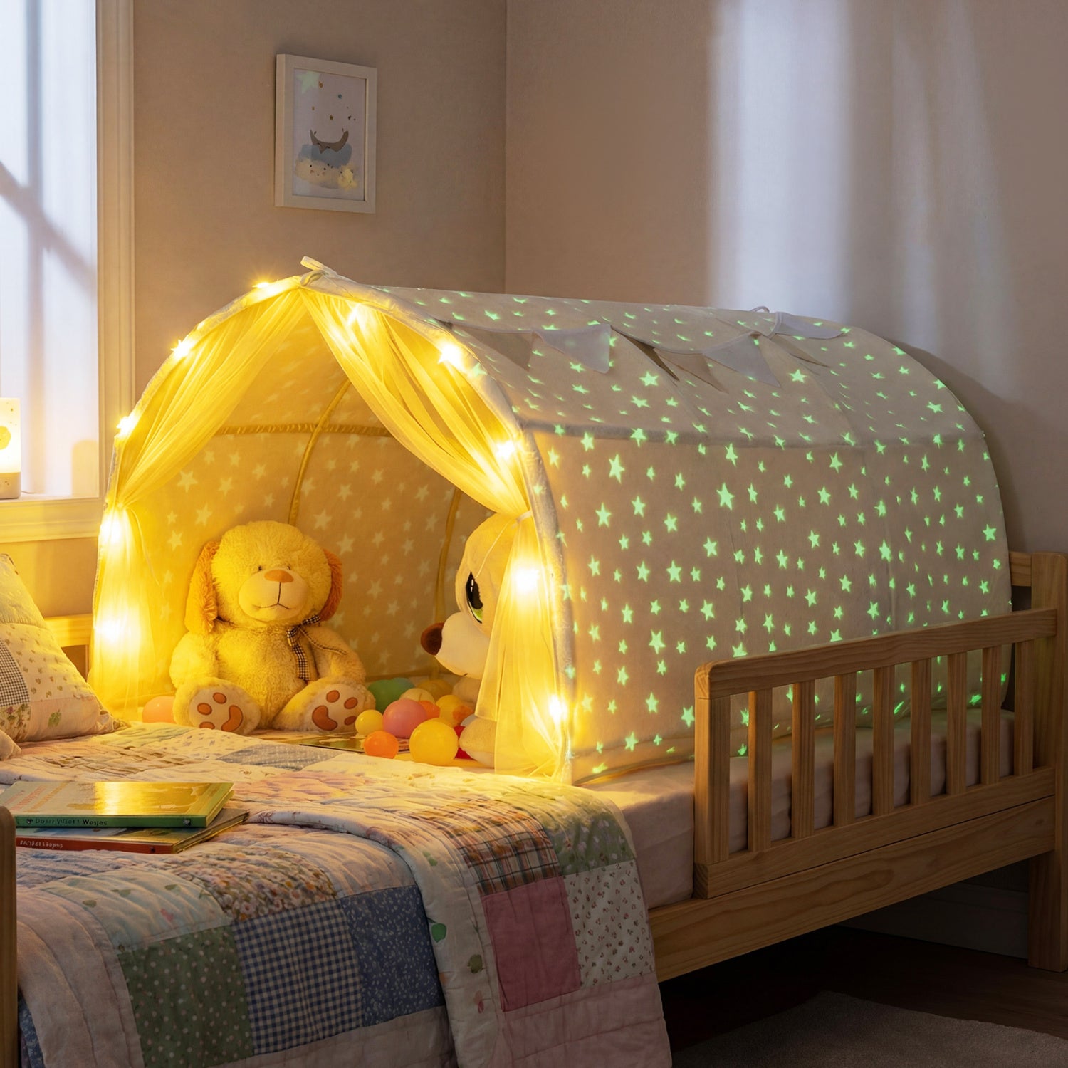 Kids Dream Bed Tent Twin Bunk Bed with Glow in the Dark Stars and Lights-Beige