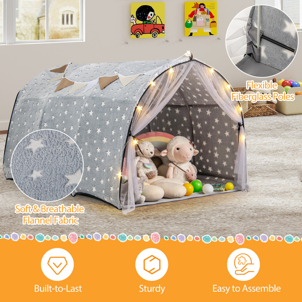 Kids Dream Bed Tent Twin Bunk Bed with Glow in the Dark Stars and Lights-Gray