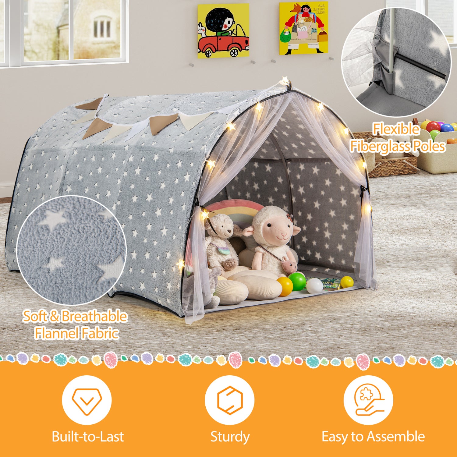 Kids Dream Bed Tent Twin Bunk Bed with Glow in the Dark Stars and Lights-Gray