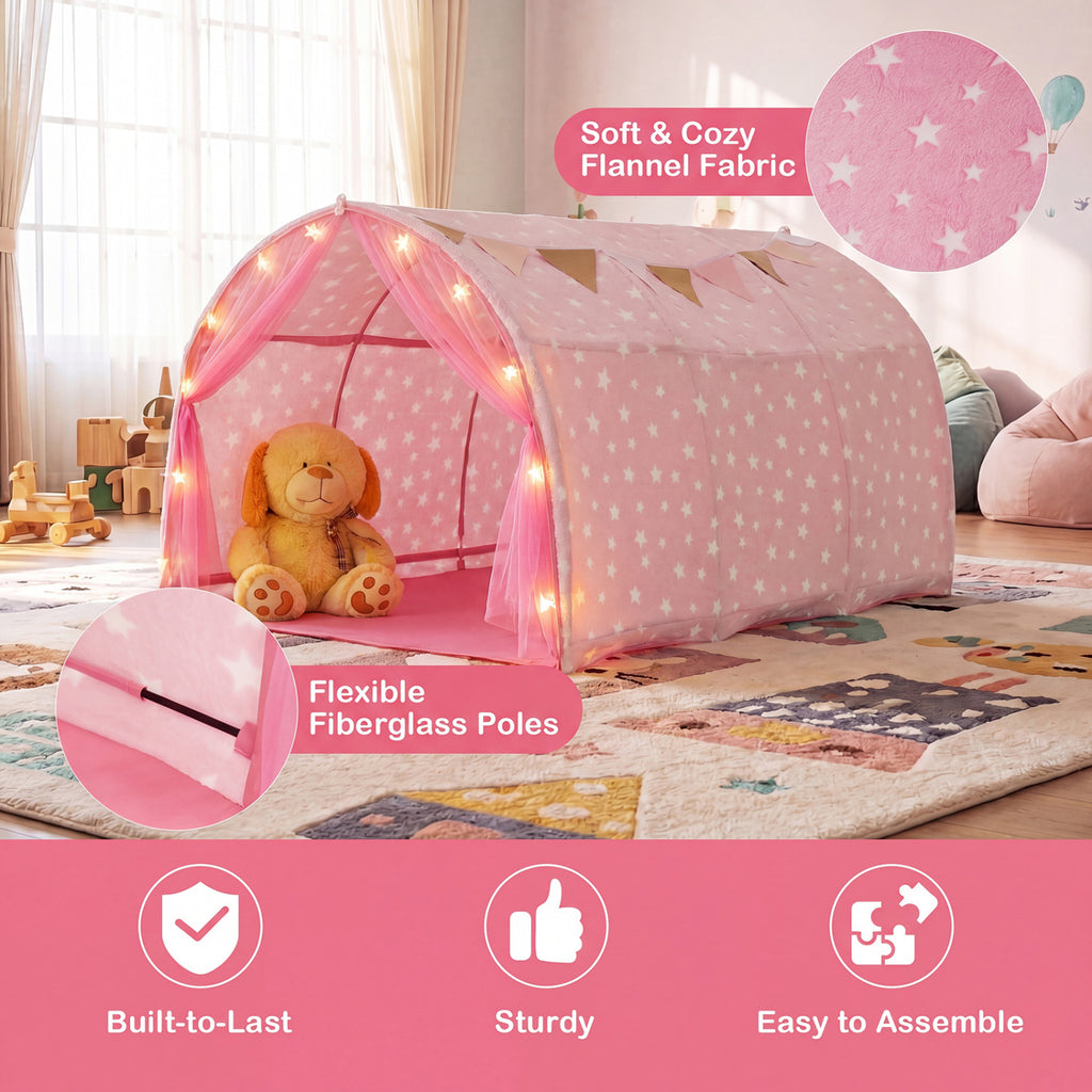 Kids Dream Bed Tent Twin Bunk Bed with Glow in the Dark Stars and Lights-Pink