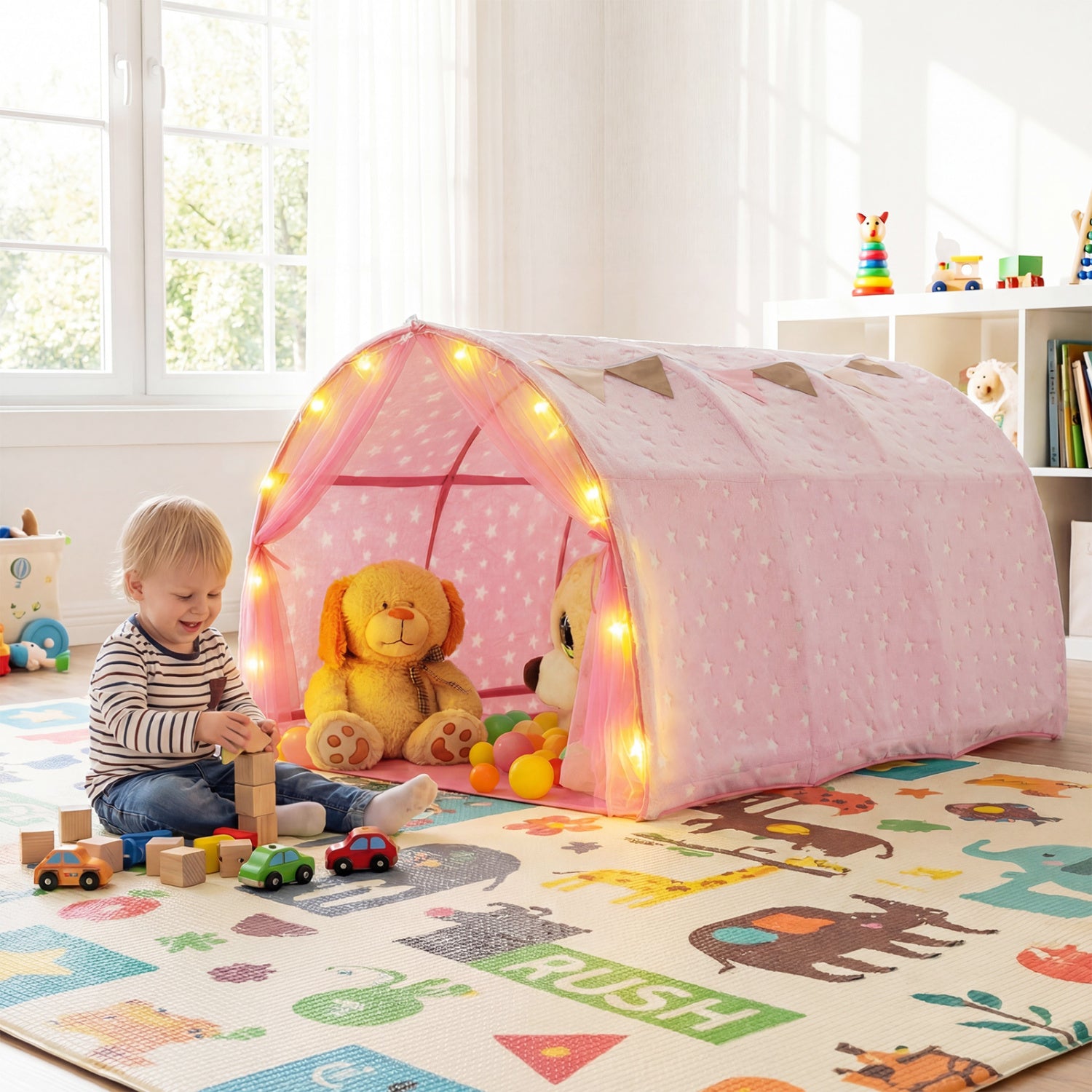 Kids Dream Bed Tent Twin Bunk Bed with Glow in the Dark Stars and Lights-Pink