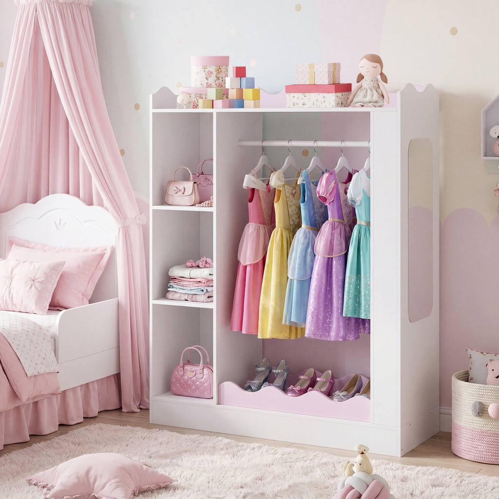 Kids Dress Up Storage with Mirrors and Hanging Rack and Shelves for Bedroom-Red
