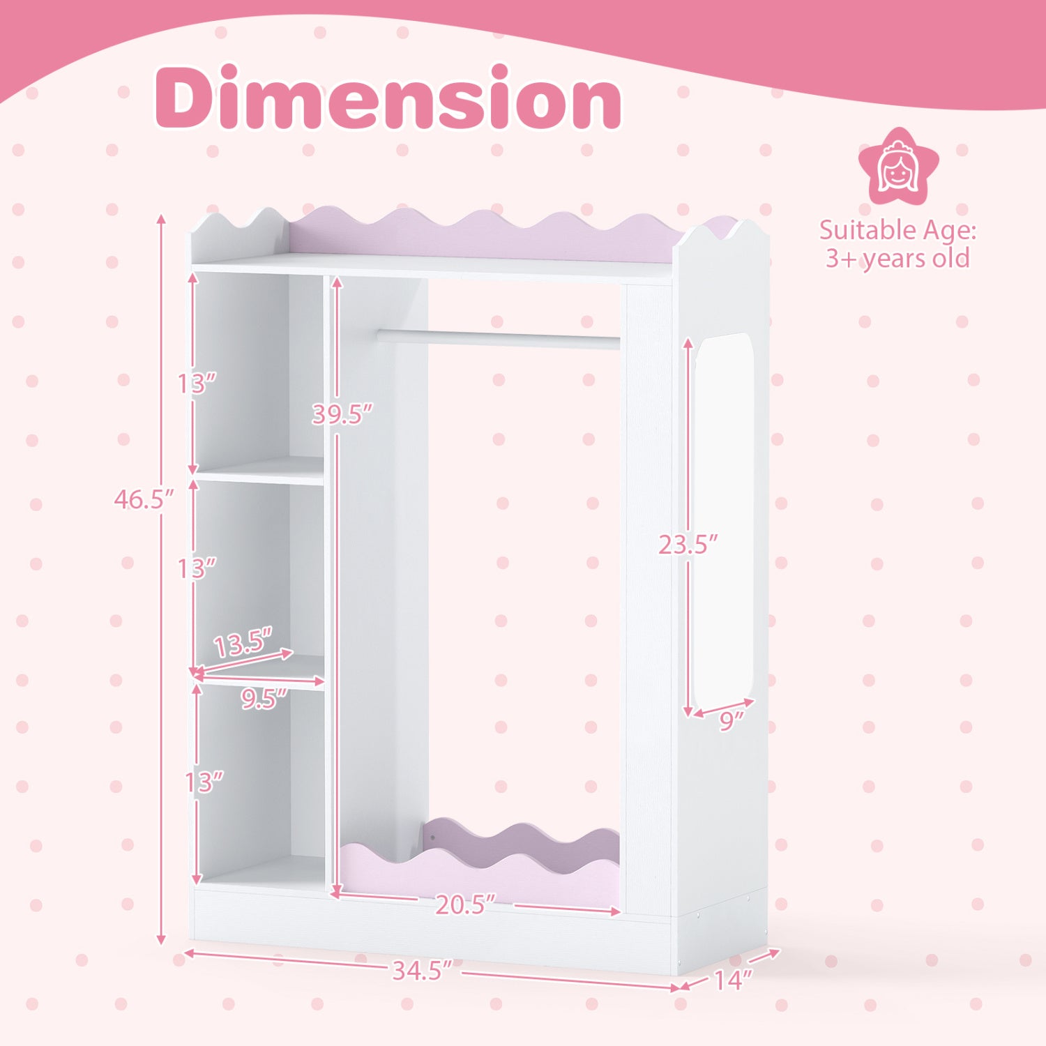 Kids Dress Up Storage with Mirrors and Hanging Rack and Shelves for Bedroom-Red