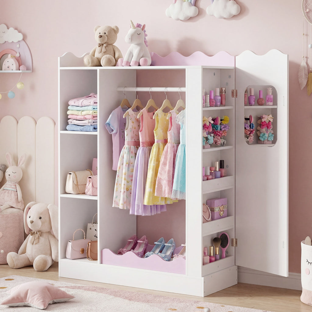 Kids Dress Up Storage with Mirrors and Hanging Rack and Shelves for Bedroom-Red