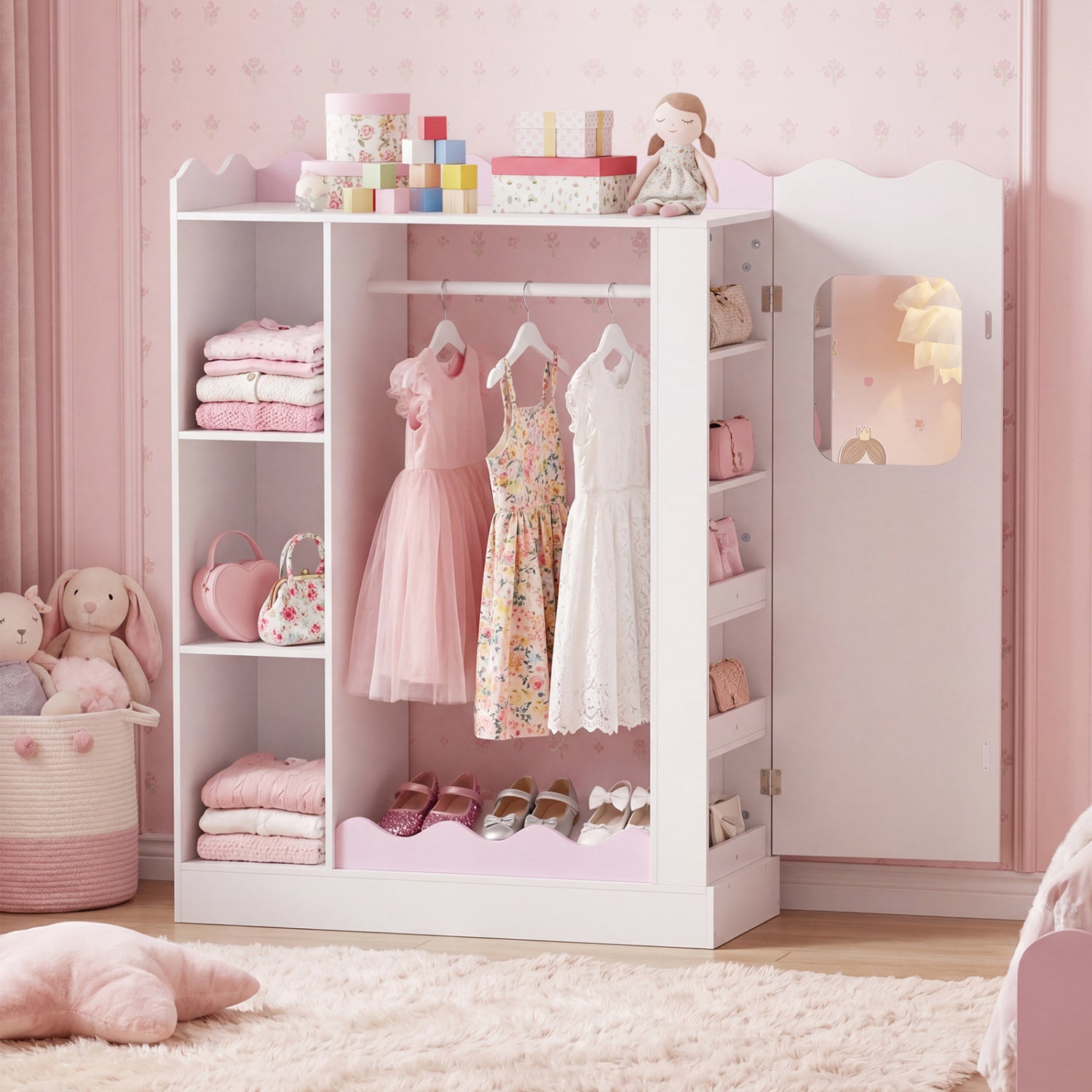 Kids Dress Up Storage with Mirrors and Hanging Rack and Shelves for Bedroom-Red
