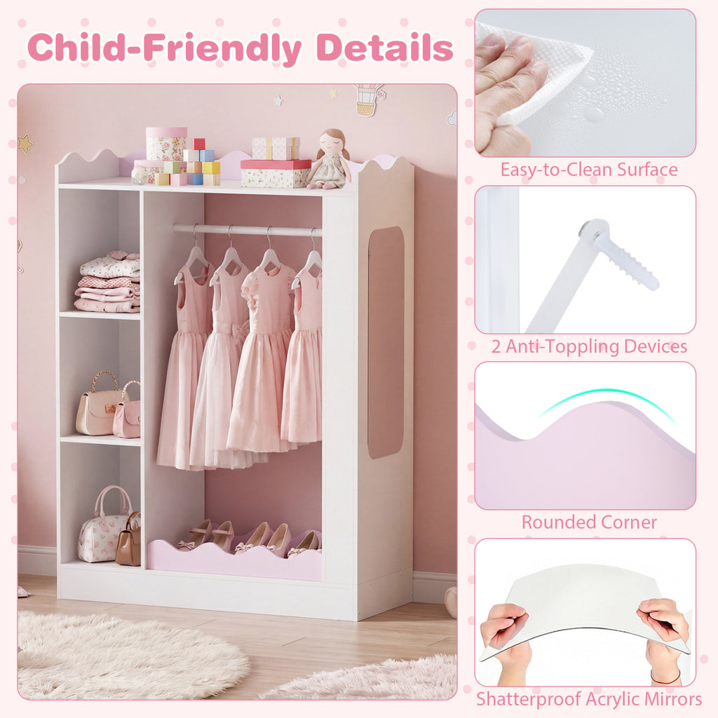 Kids Dress Up Storage with Mirrors and Hanging Rack and Shelves for Bedroom-Red