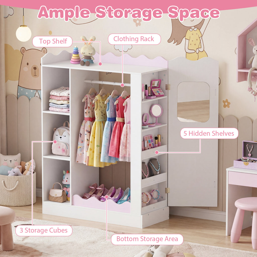 Kids Dress Up Storage with Mirrors and Hanging Rack and Shelves for Bedroom-Red