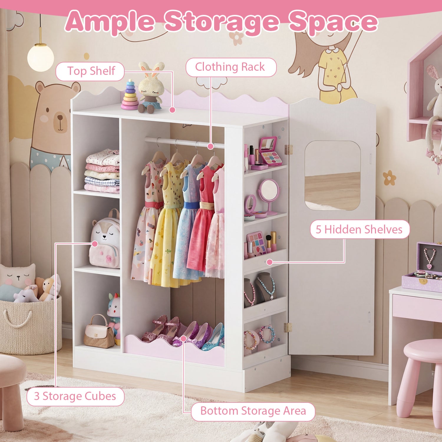 Kids Dress Up Storage with Mirrors and Hanging Rack and Shelves for Bedroom-Red