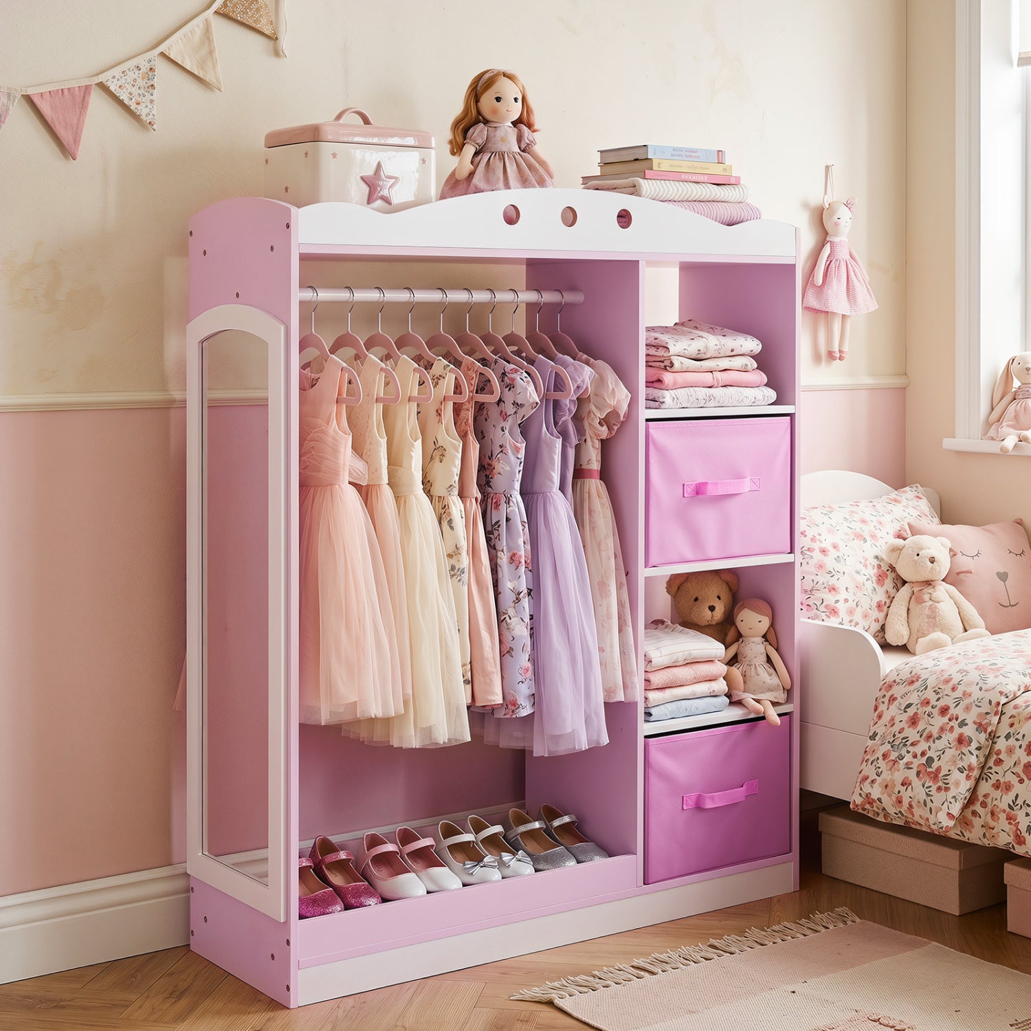 Kids Dress Up Storage with Full Length Mirror and Open Shelves-Pink