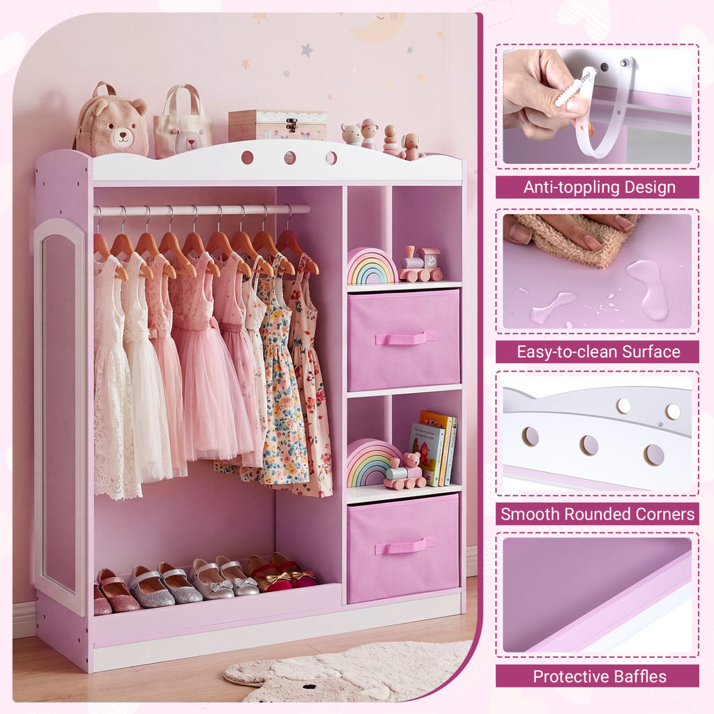 Kids Dress Up Storage with Full Length Mirror and Open Shelves-Pink