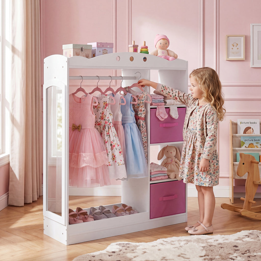 Kids Dress Up Storage with Full Length Mirror and Open Shelves- White