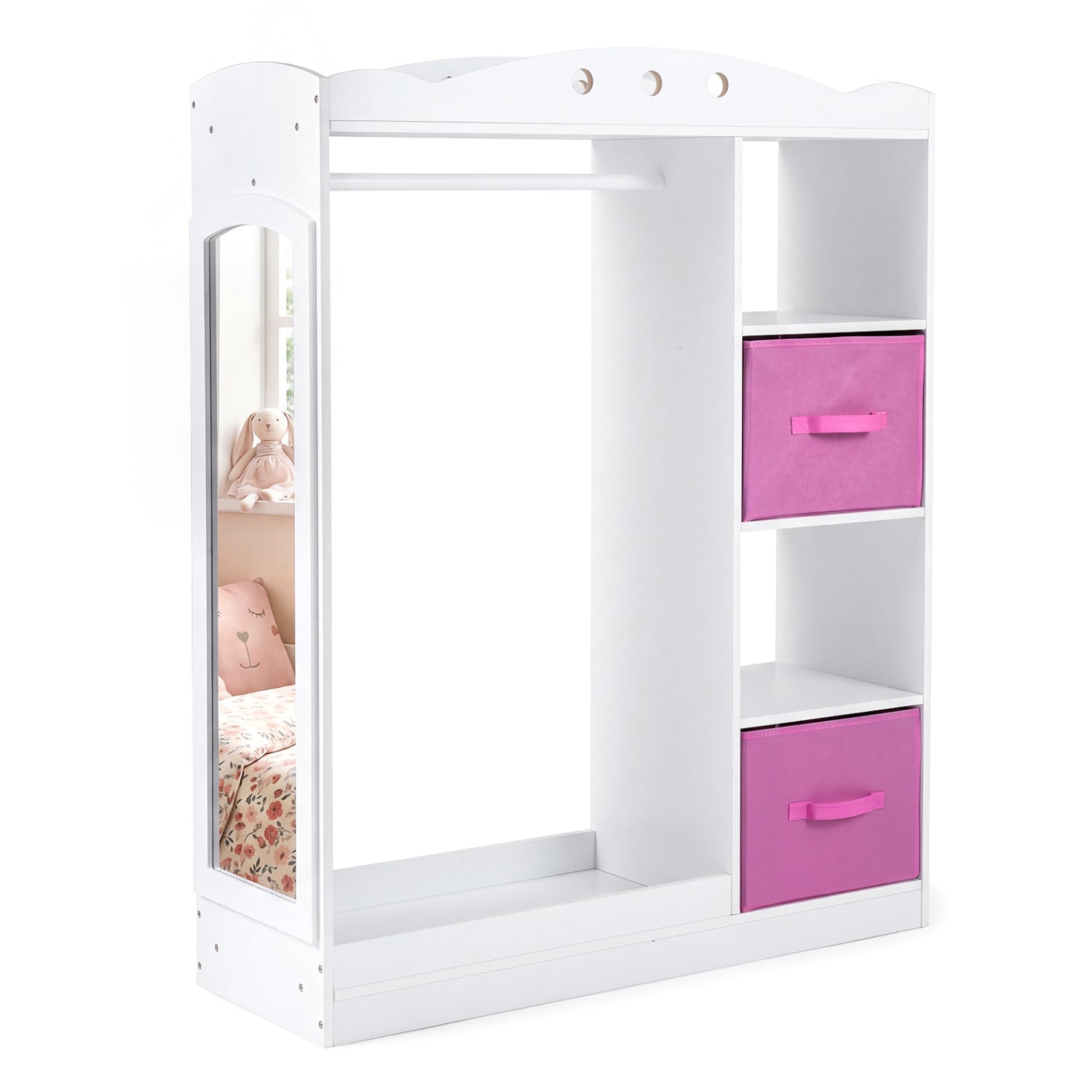 Kids Dress Up Storage with Full Length Mirror and Open Shelves- White