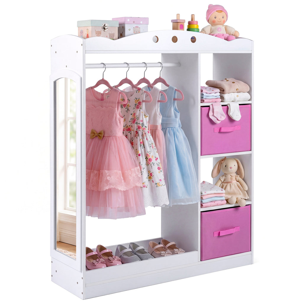 Kids Dress Up Storage with Full Length Mirror and Open Shelves- White