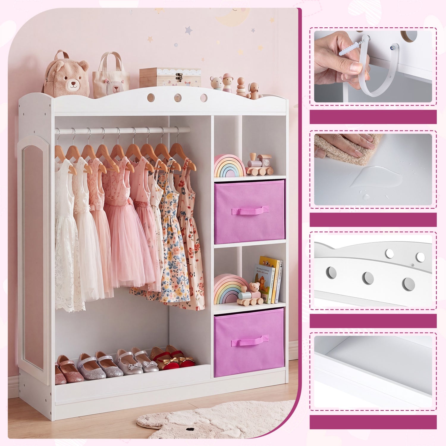 Kids Dress Up Storage with Full Length Mirror and Open Shelves- White