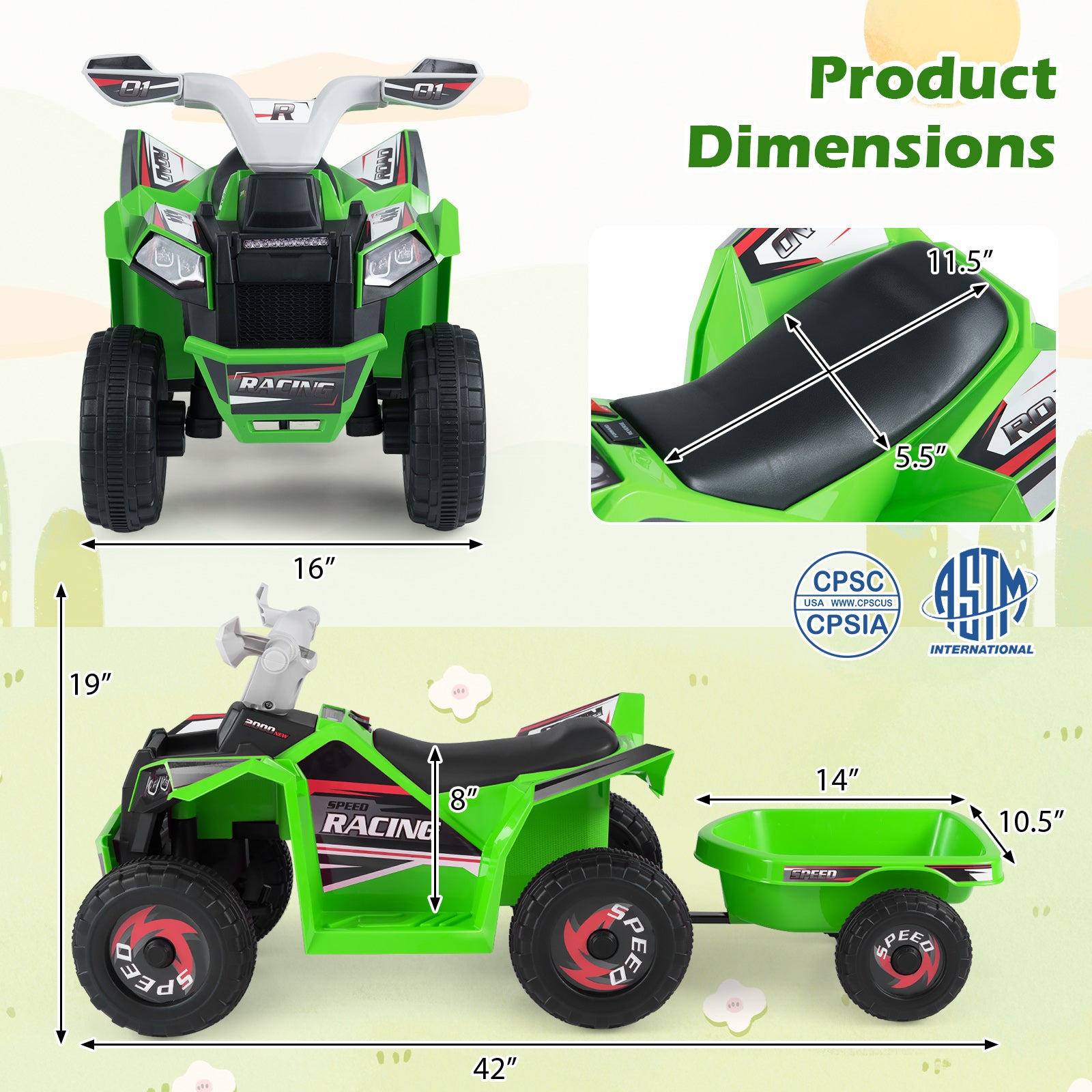 6V Kids Electric ATV Quad Car with Detachable Trailer-Green
