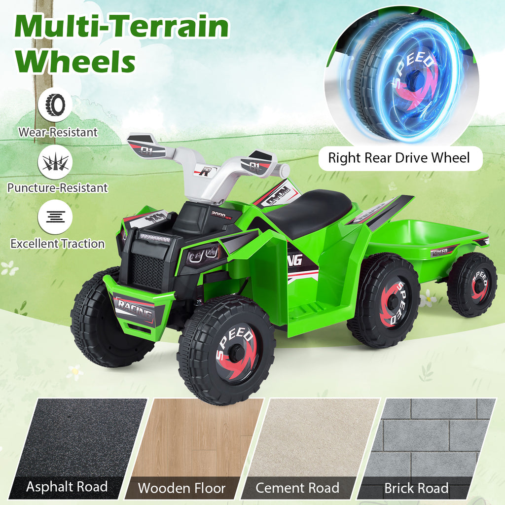 6V Kids Electric ATV Quad Car with Detachable Trailer-Green