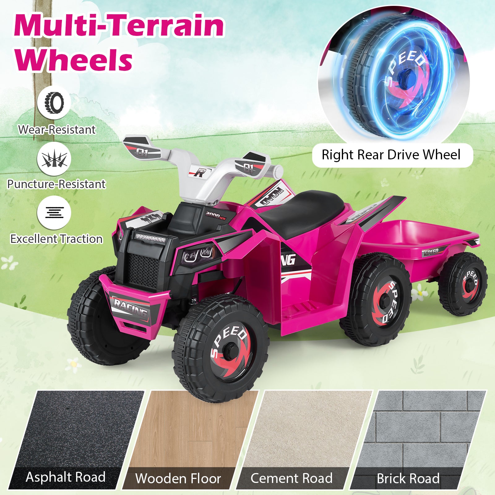6V Kids Electric ATV Quad Car with Detachable Trailer-Rose Red
