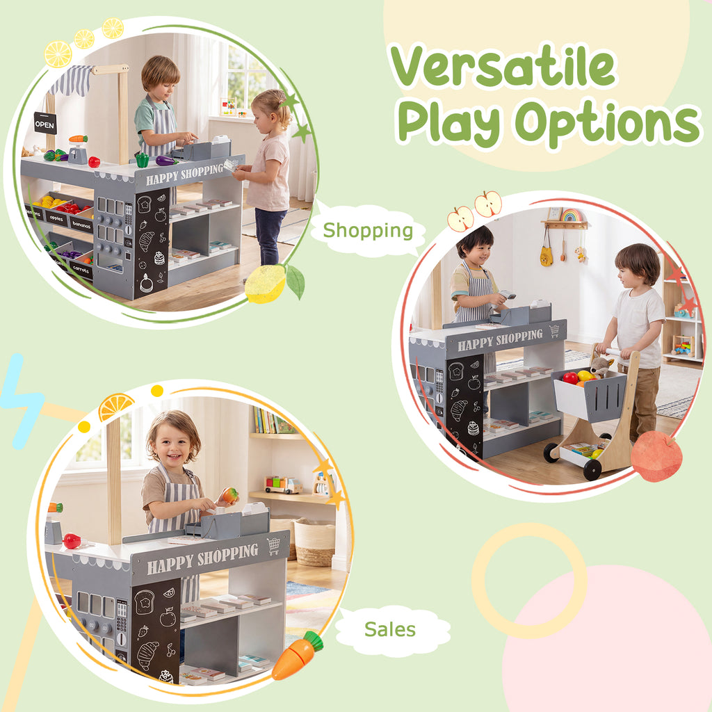 Kids Grocery Store Playset Wooden Pretend Play Supermarket with Shopping Cart-Gray